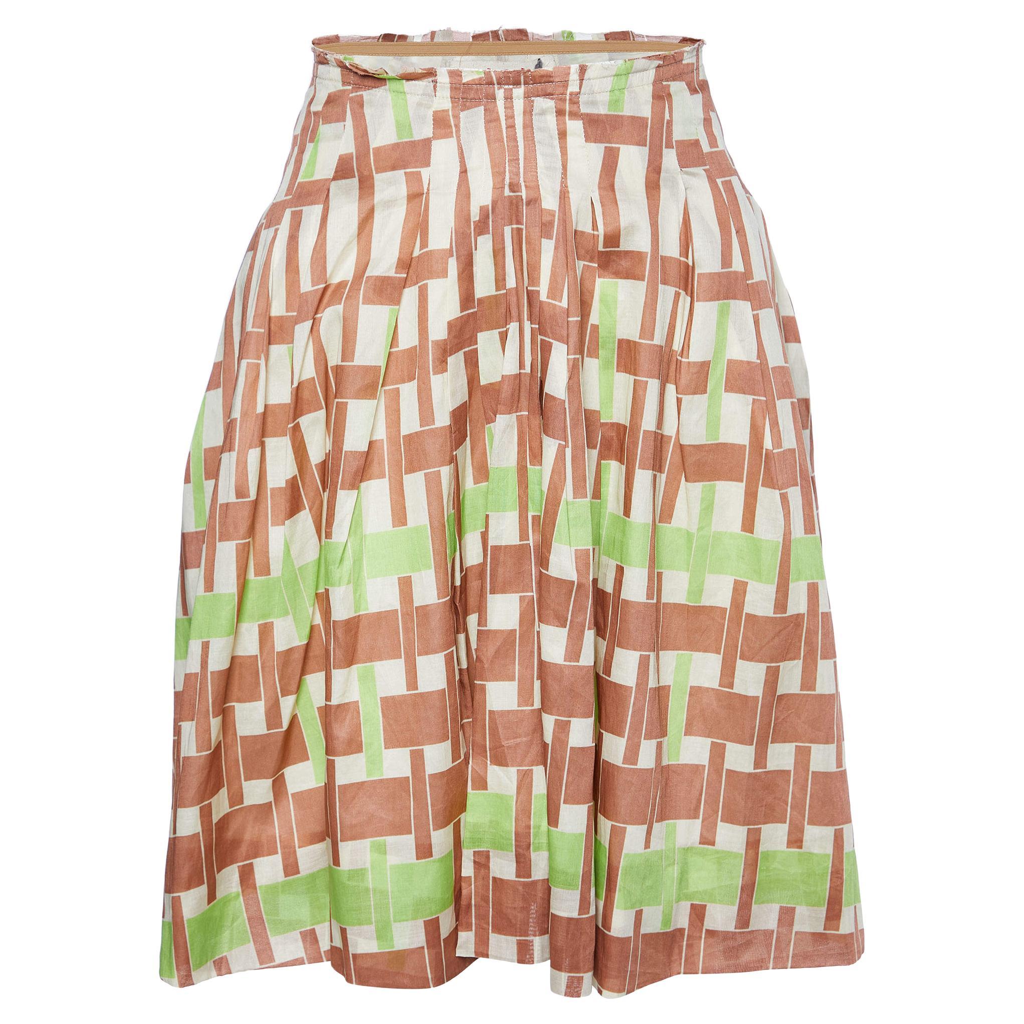 Marni Multicolor Printed Cotton Frayed Waist Detail Midi Skirt S For Sale