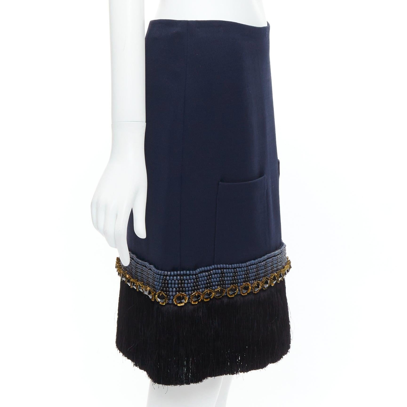 MARNI navy bead black crystal fringe embellished hem knee skirt IT38 XS In Good Condition For Sale In Hong Kong, NT
