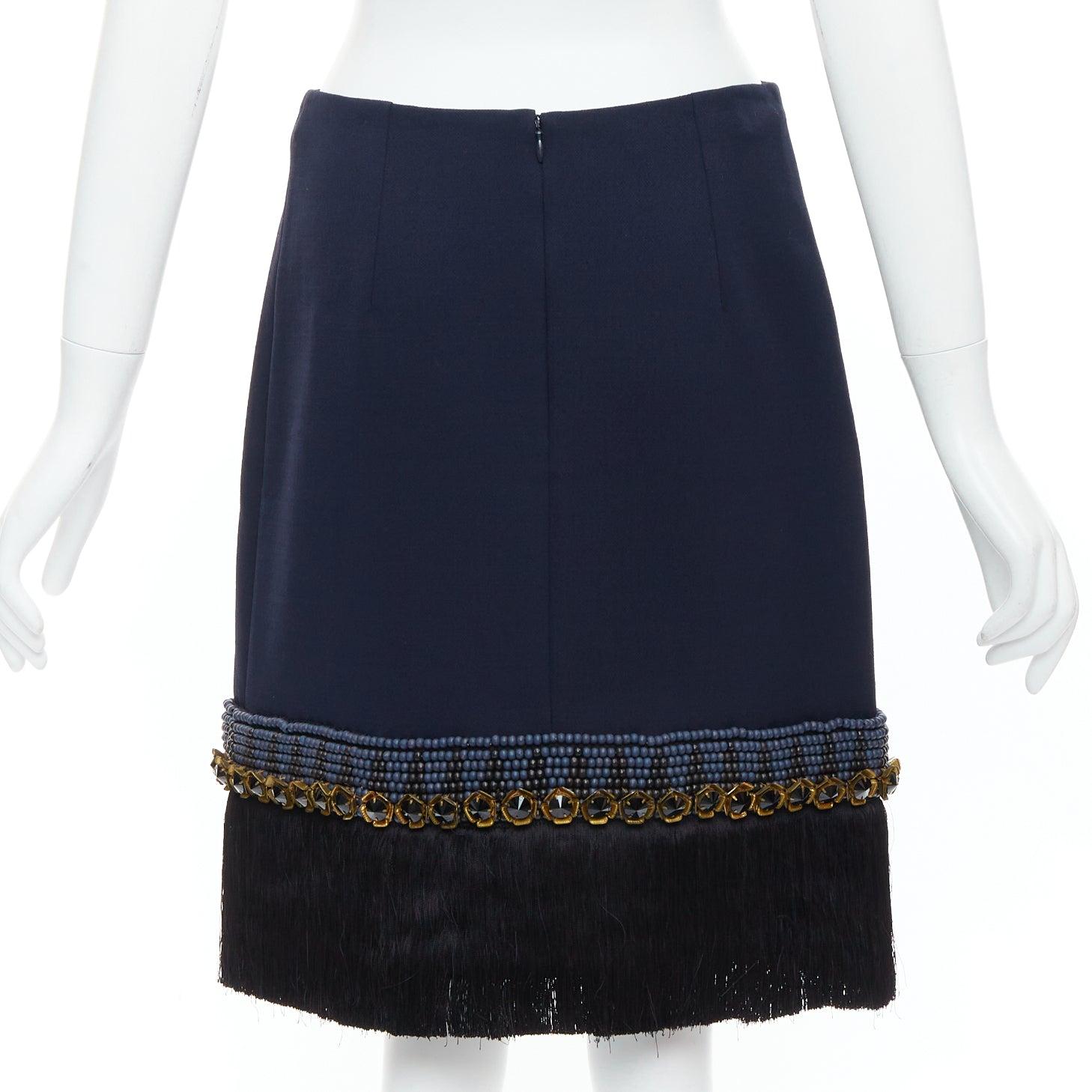 Women's MARNI navy bead black crystal fringe embellished hem knee skirt IT38 XS For Sale