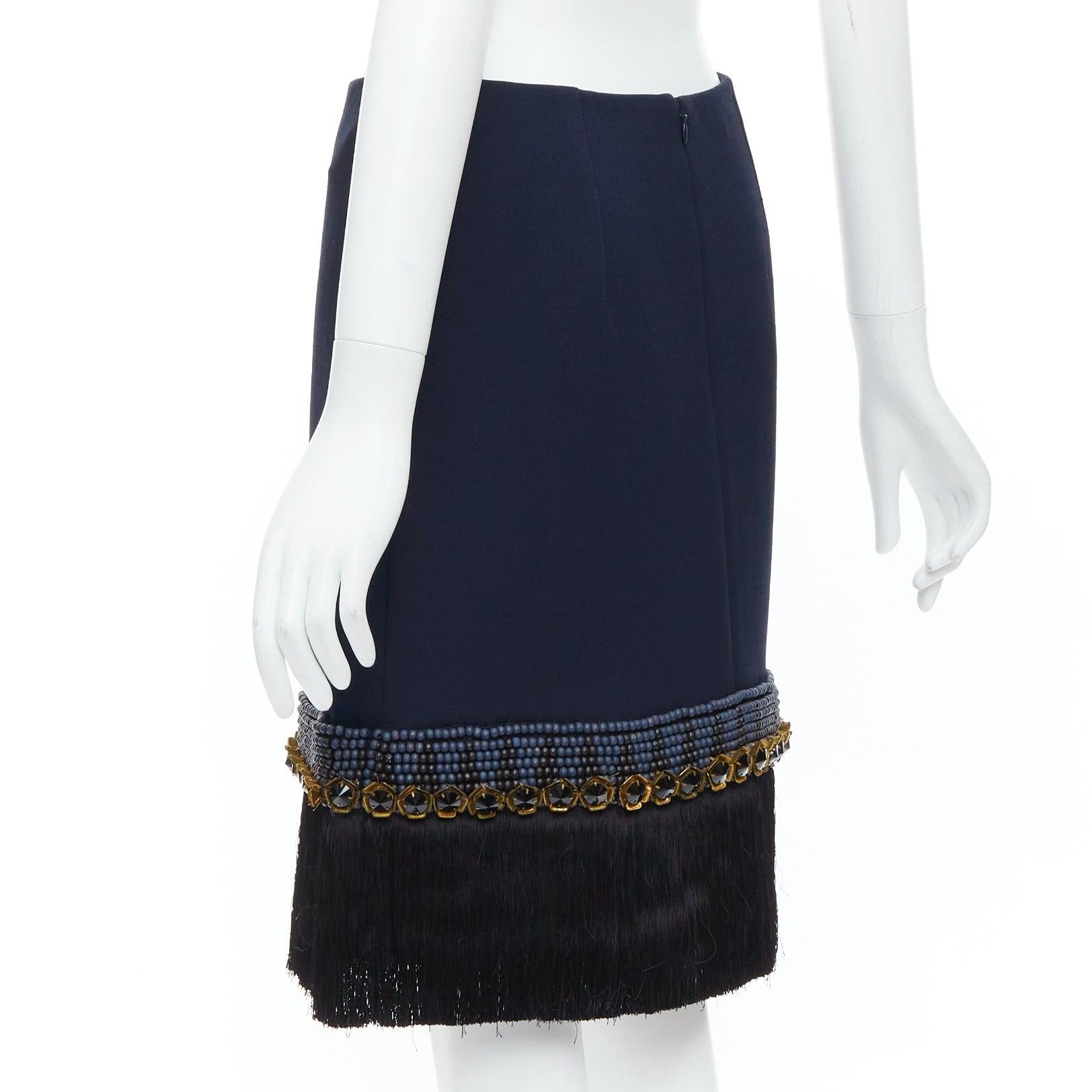 MARNI navy bead black crystal fringe embellished hem knee skirt IT38 XS For Sale 1