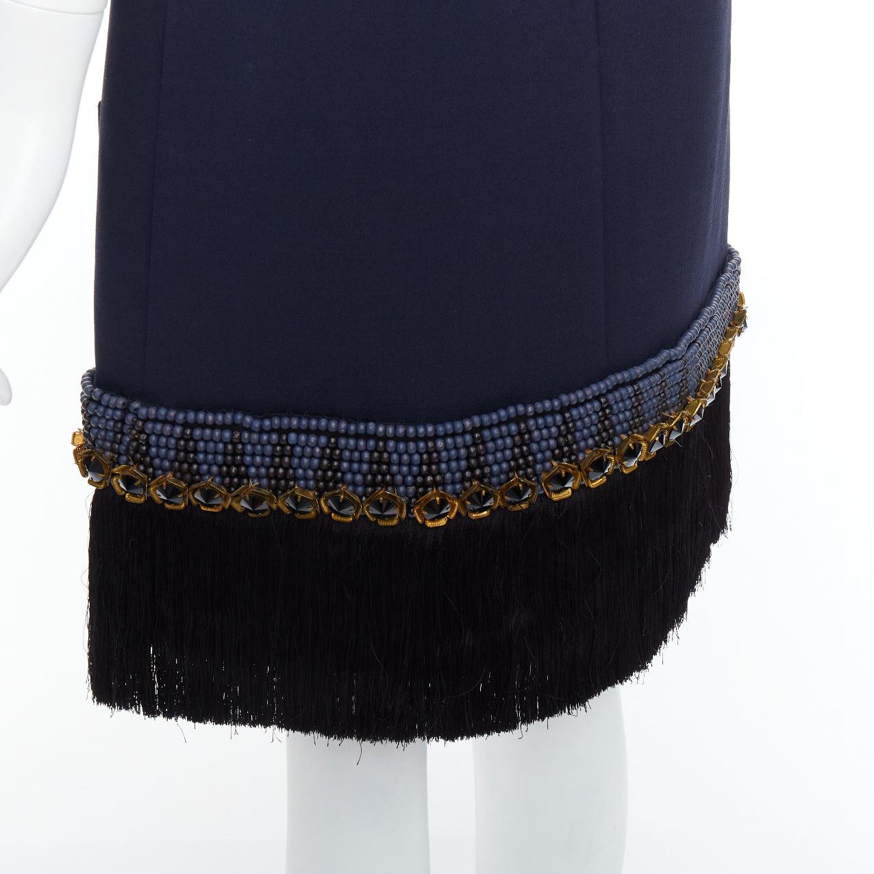 MARNI navy bead black crystal fringe embellished hem knee skirt IT38 XS For Sale 2
