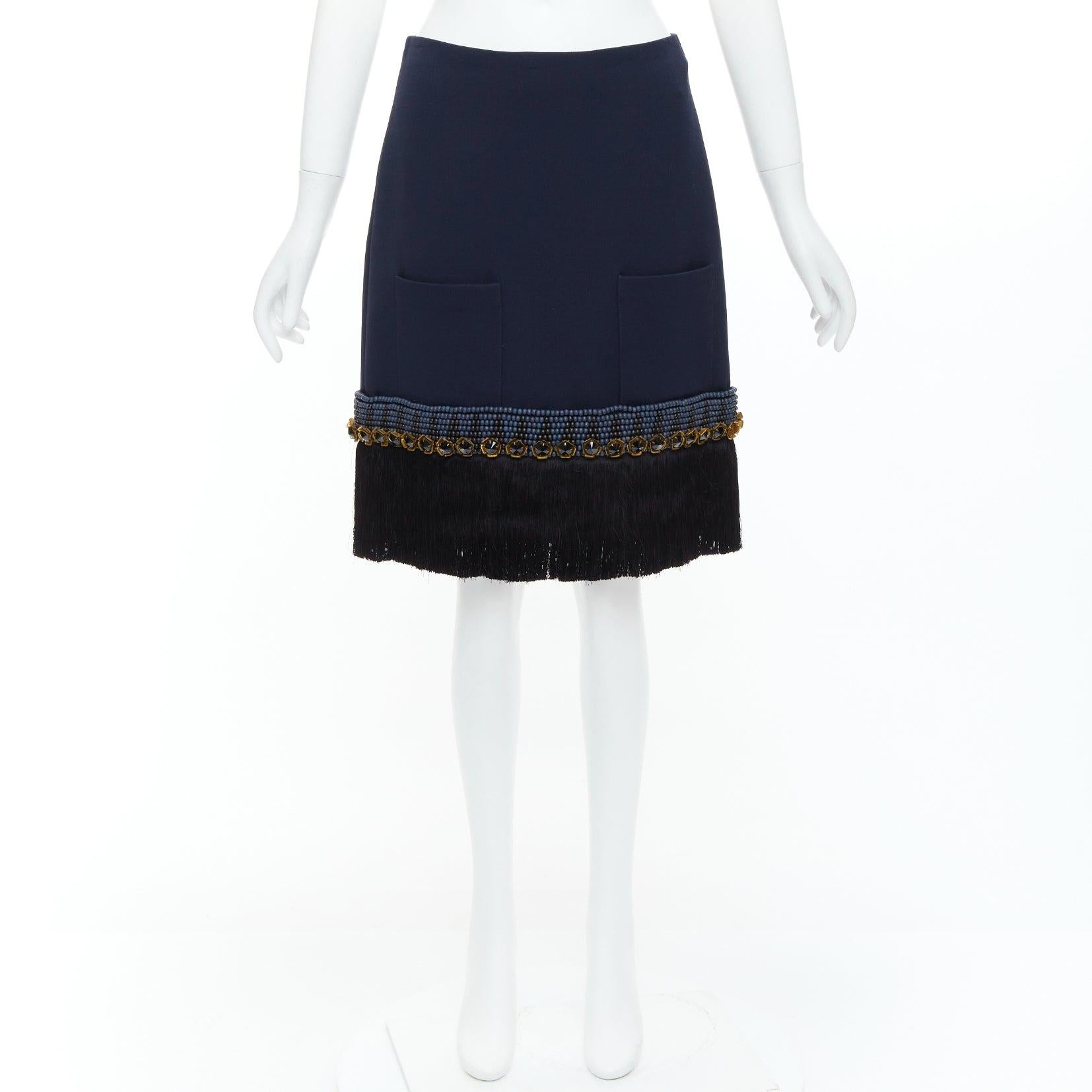 MARNI navy bead black crystal fringe embellished hem knee skirt IT38 XS For Sale 4