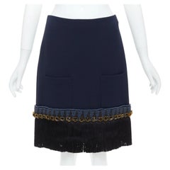 MARNI navy bead black crystal fringe embellished hem knee skirt IT38 XS
