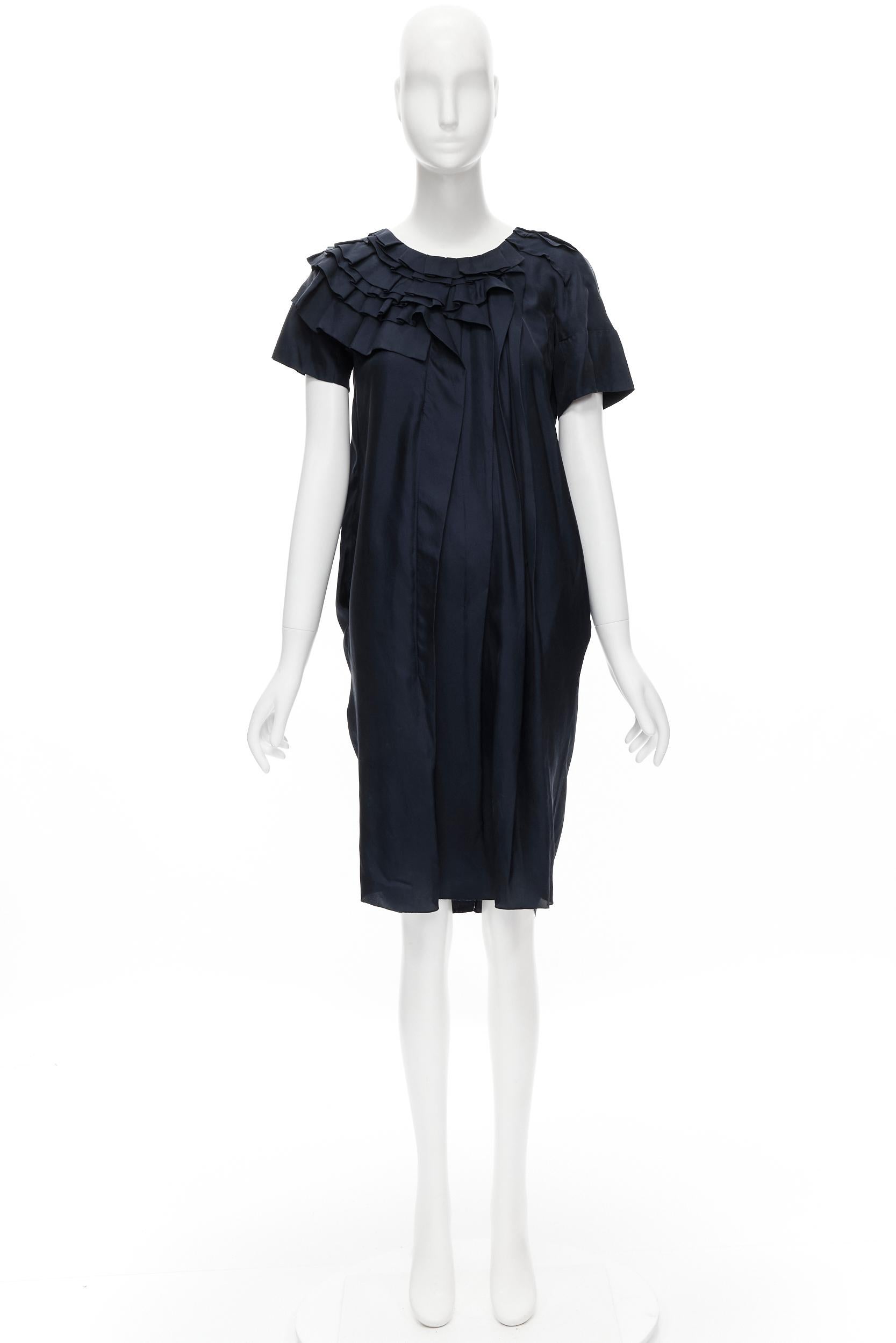 MARNI navy blue 100% silk ruffle neckline short sleeve silk dress IT38 XS For Sale 4