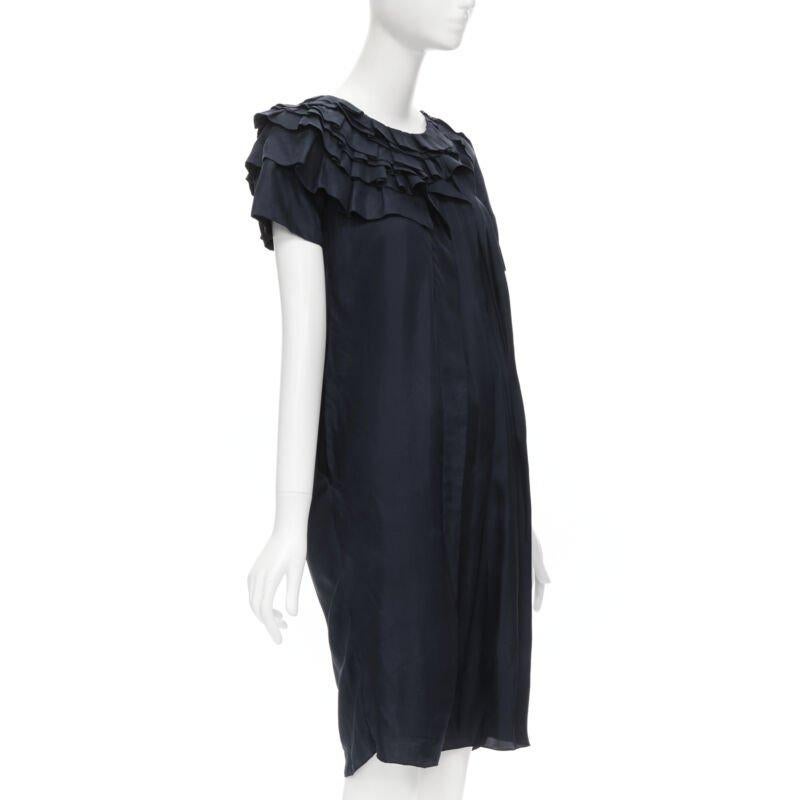 Black MARNI navy blue 100% silk ruffle neckline short sleeve silk dress IT38 XS For Sale