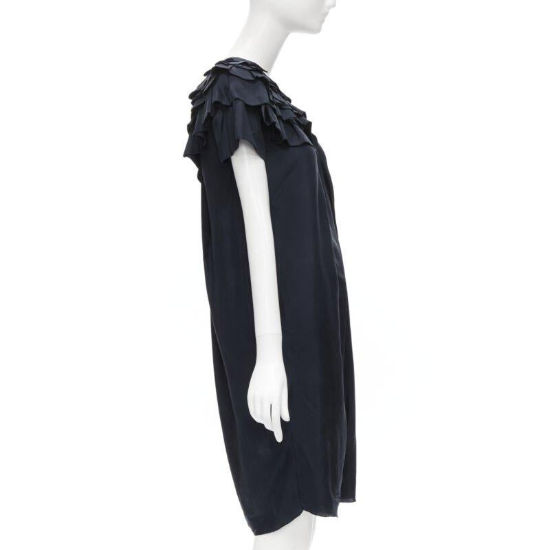 MARNI navy blue 100% silk ruffle neckline short sleeve silk dress IT38 XS In Excellent Condition For Sale In Hong Kong, NT