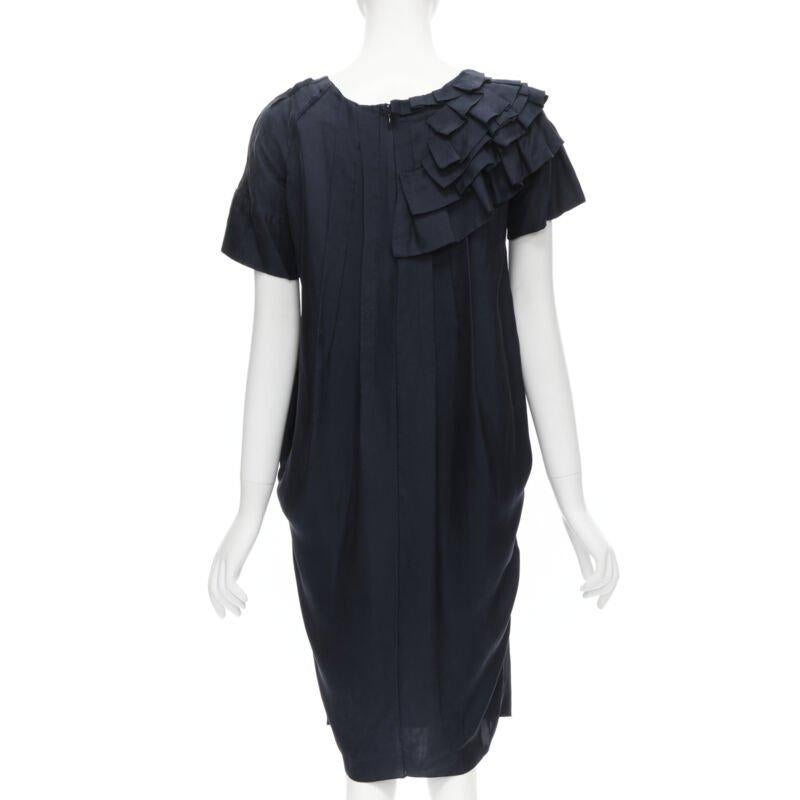 Women's MARNI navy blue 100% silk ruffle neckline short sleeve silk dress IT38 XS For Sale