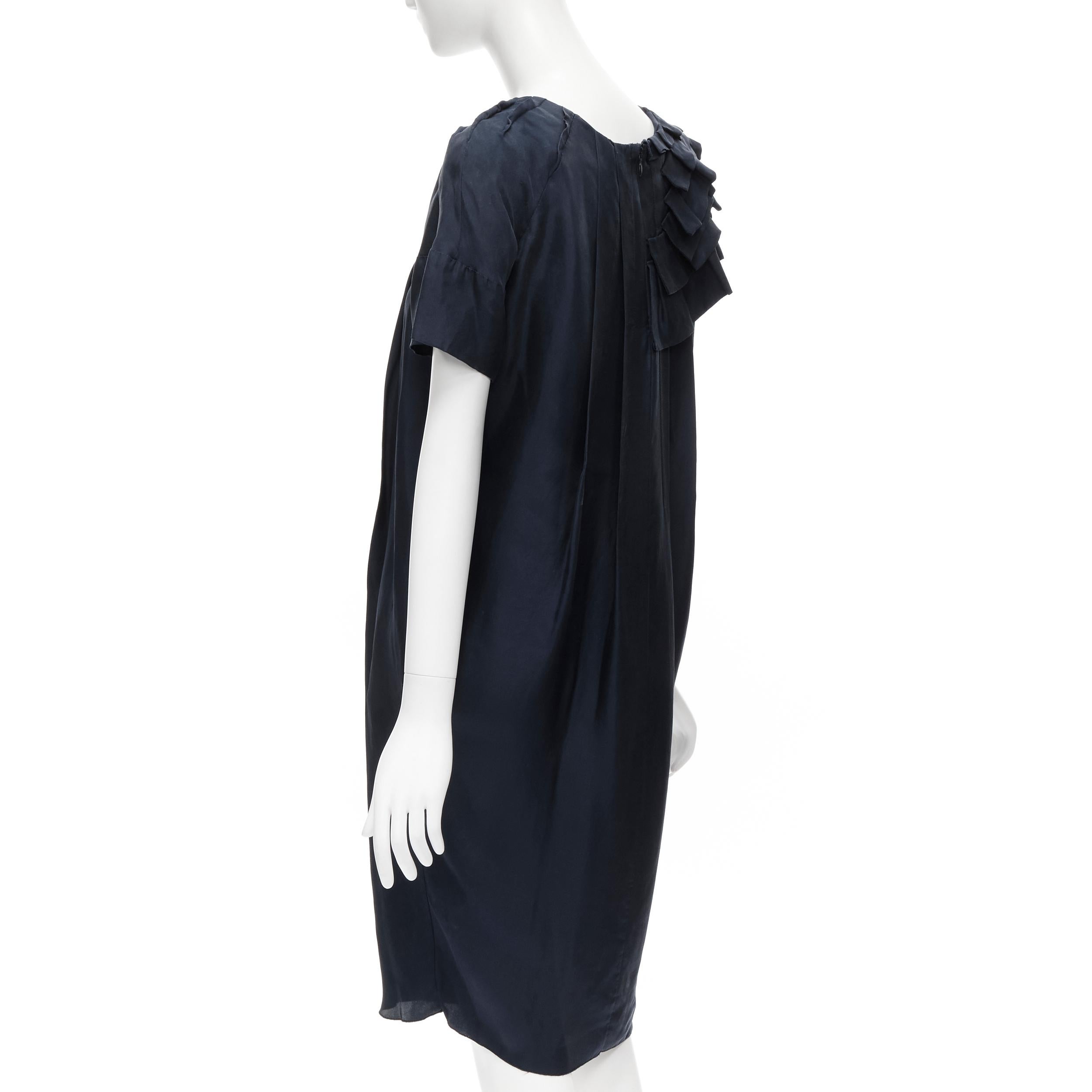 Black MARNI navy blue 100% silk ruffle neckline short sleeve silk dress IT38 XS For Sale