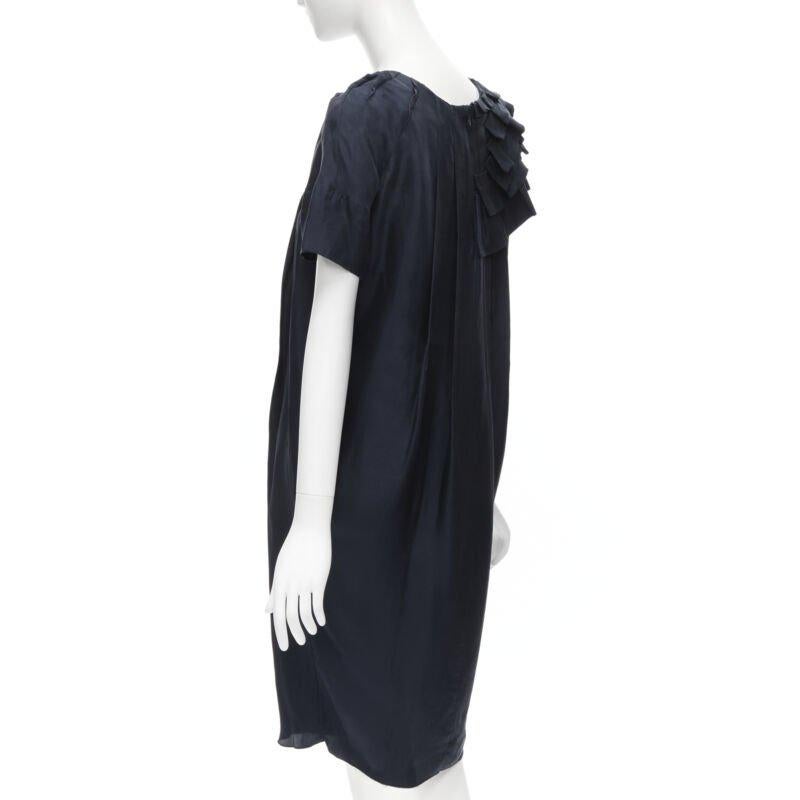 MARNI navy blue 100% silk ruffle neckline short sleeve silk dress IT38 XS For Sale 1