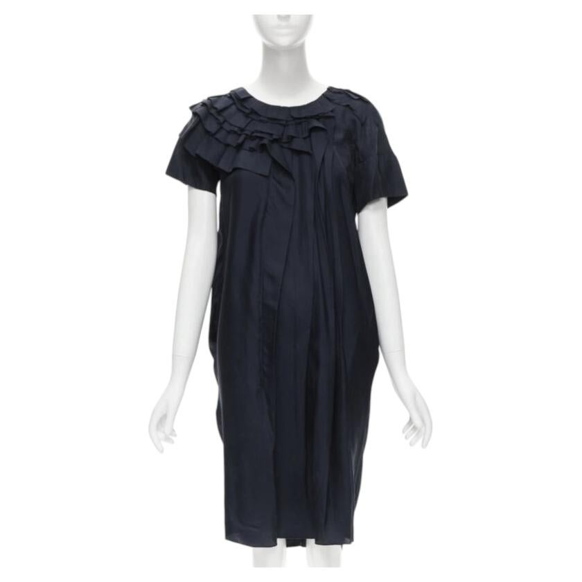 MARNI abito in seta blu navy 100% seta con scollo a balze e manica corta IT38 XS in vendita
