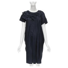 MARNI abito in seta blu navy 100% seta con scollo a balze e manica corta IT38 XS
