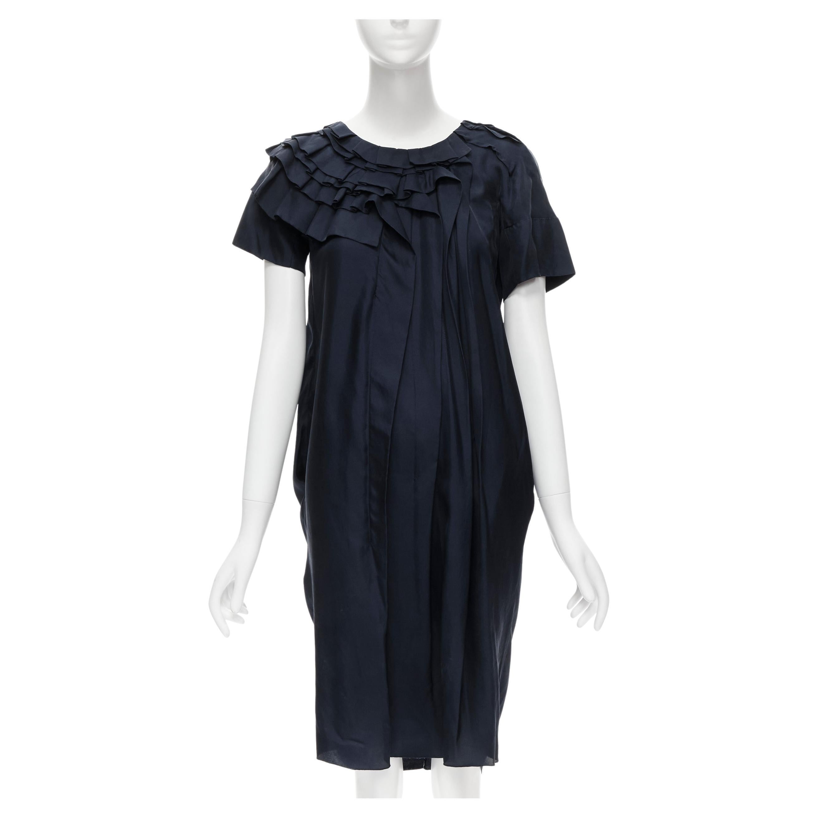MARNI navy blue 100% silk ruffle neckline short sleeve silk dress IT38 XS For Sale