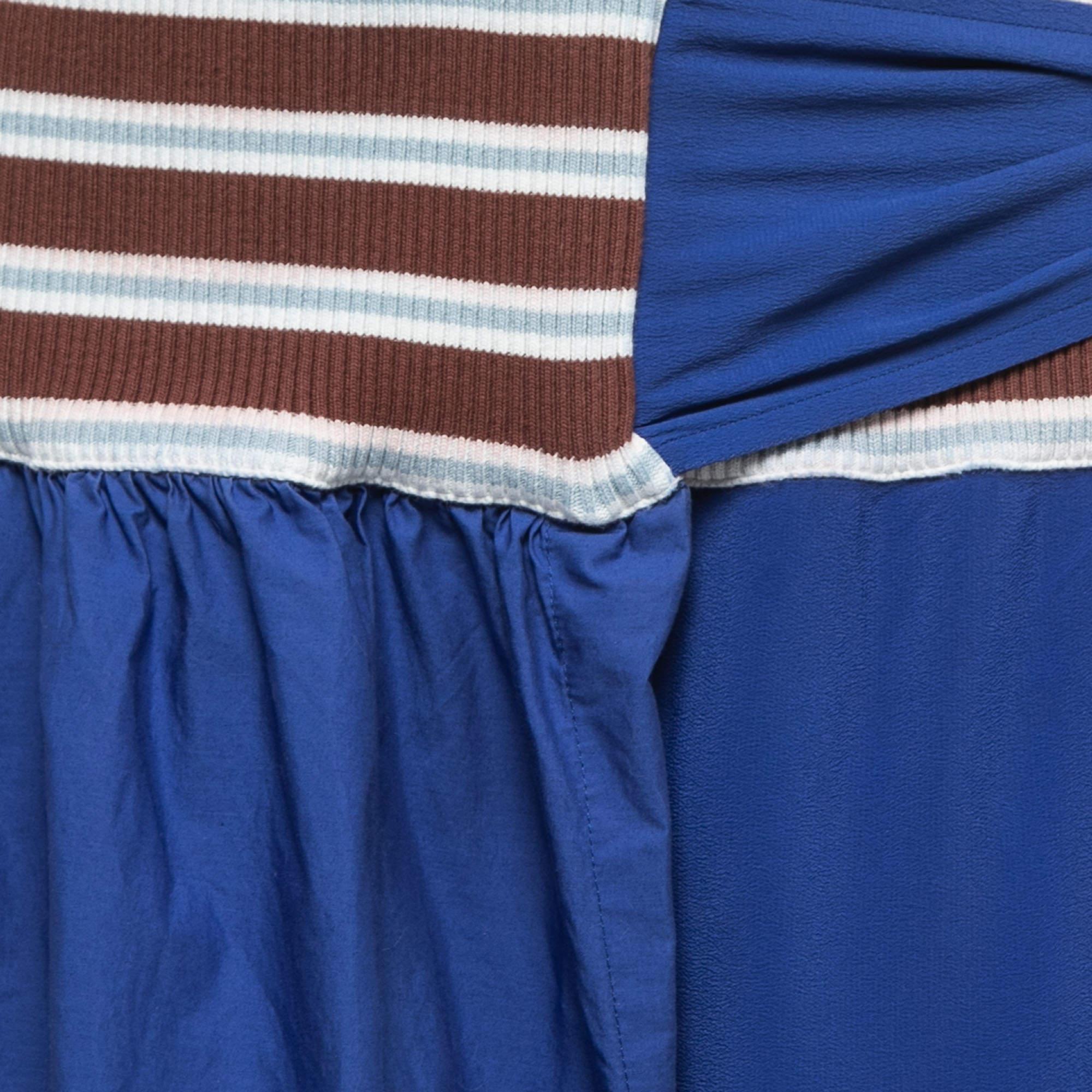Marni Navy Blue Cotton & Knit Waist Tie Detail Midi Skirt S In Good Condition In Dubai, Al Qouz 2