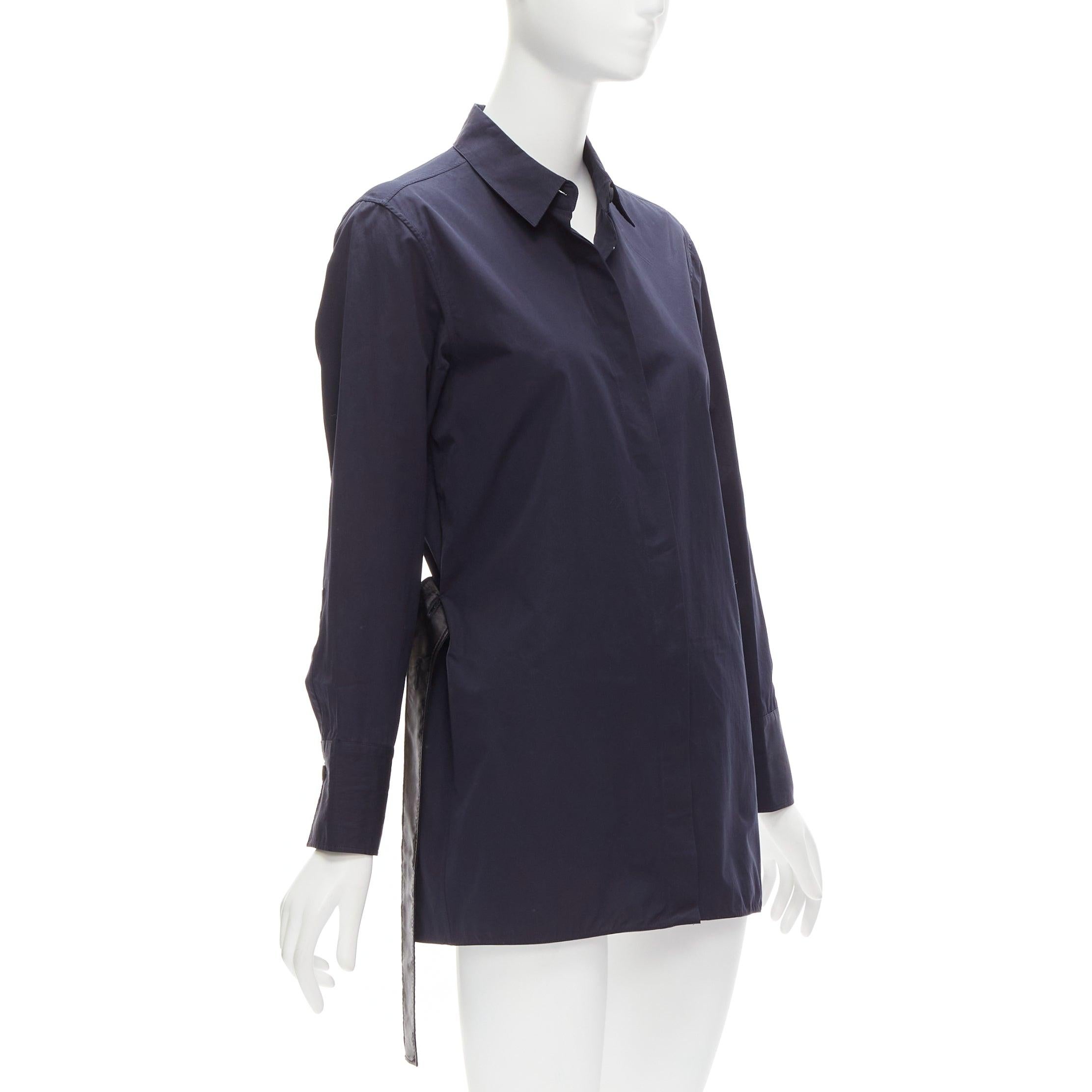 MARNI navy blue cotton rubber button asymmetric belted shirt IT38 XS In Good Condition For Sale In Hong Kong, NT