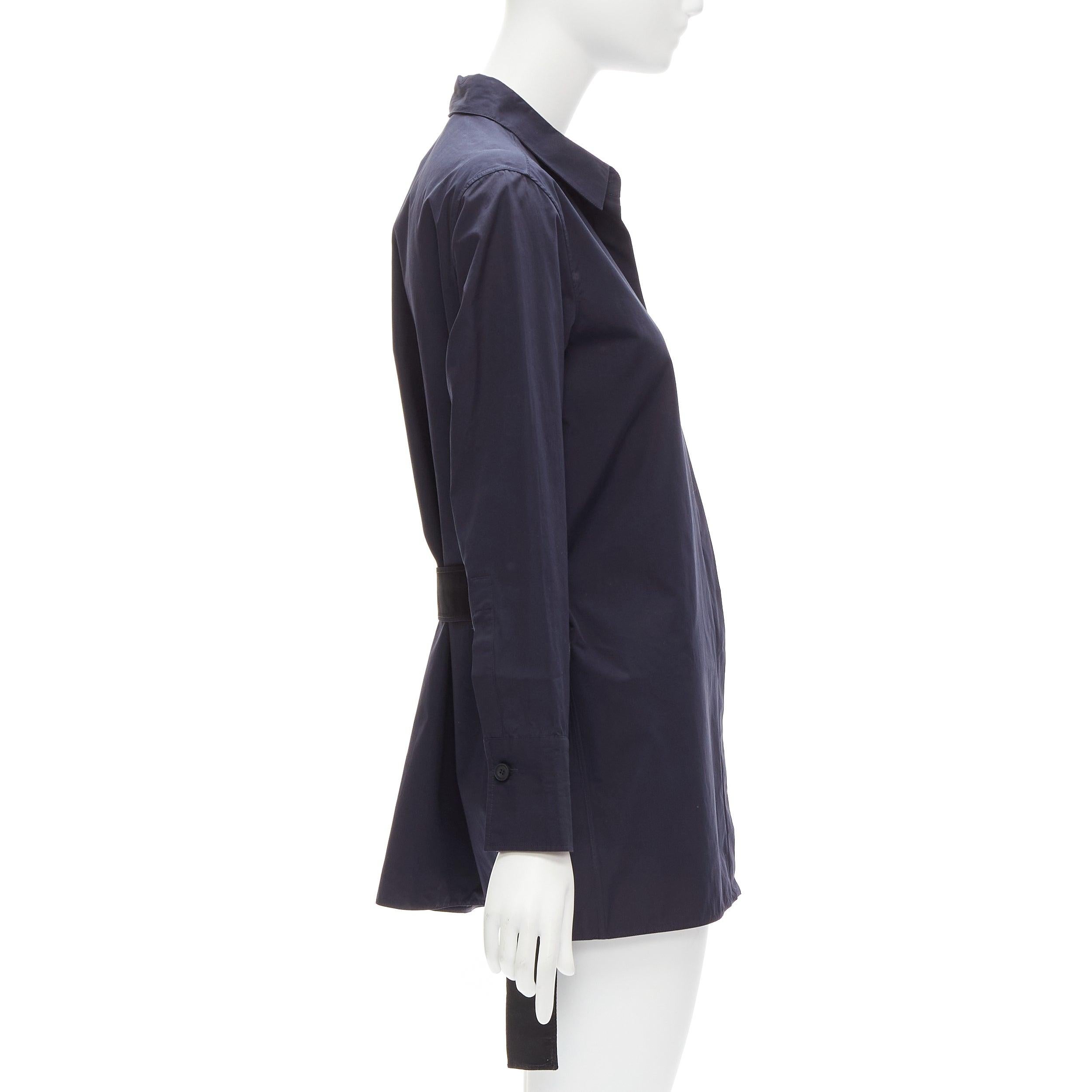 Women's MARNI navy blue cotton rubber button asymmetric belted shirt IT38 XS For Sale