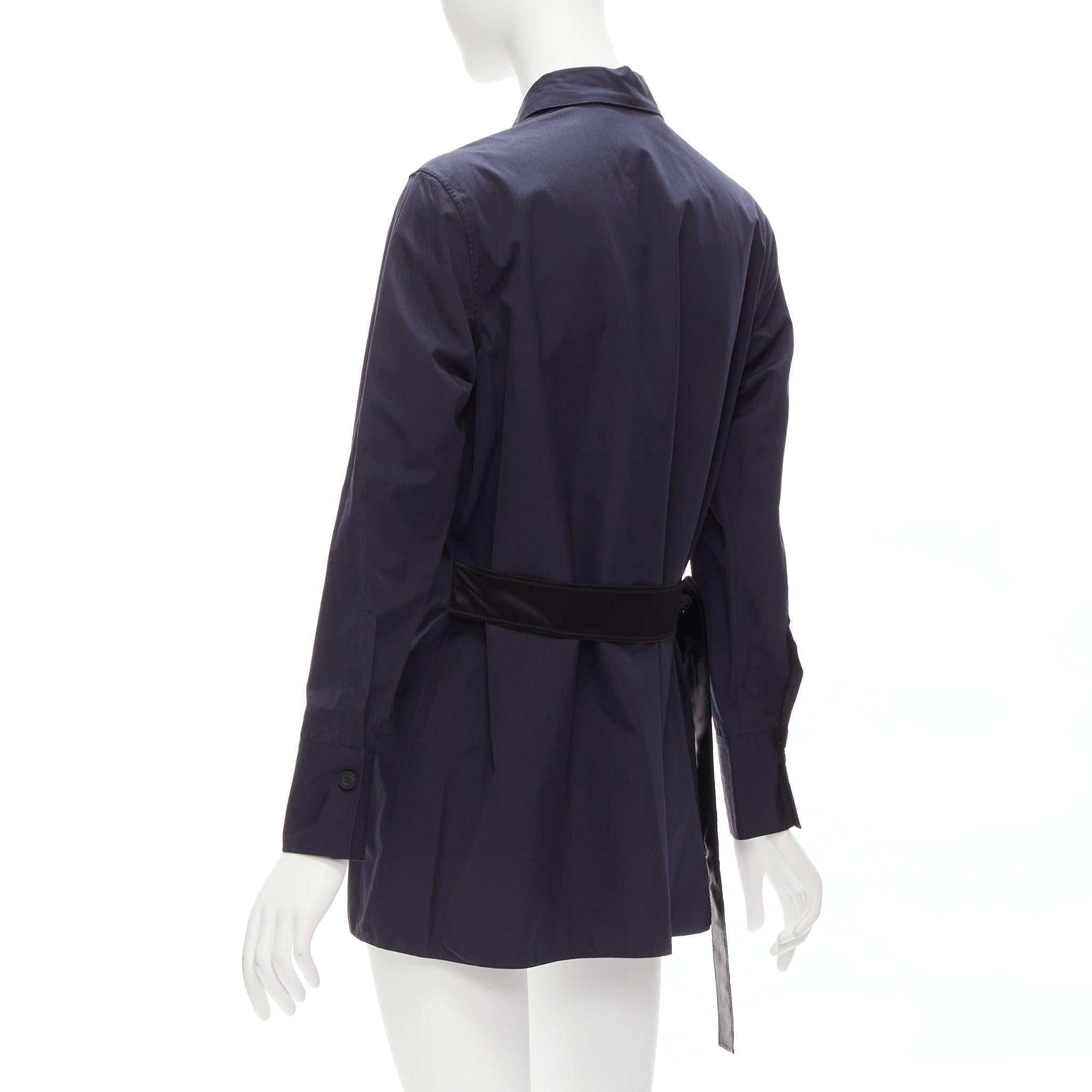 MARNI navy blue cotton rubber button asymmetric belted shirt IT38 XS For Sale 1