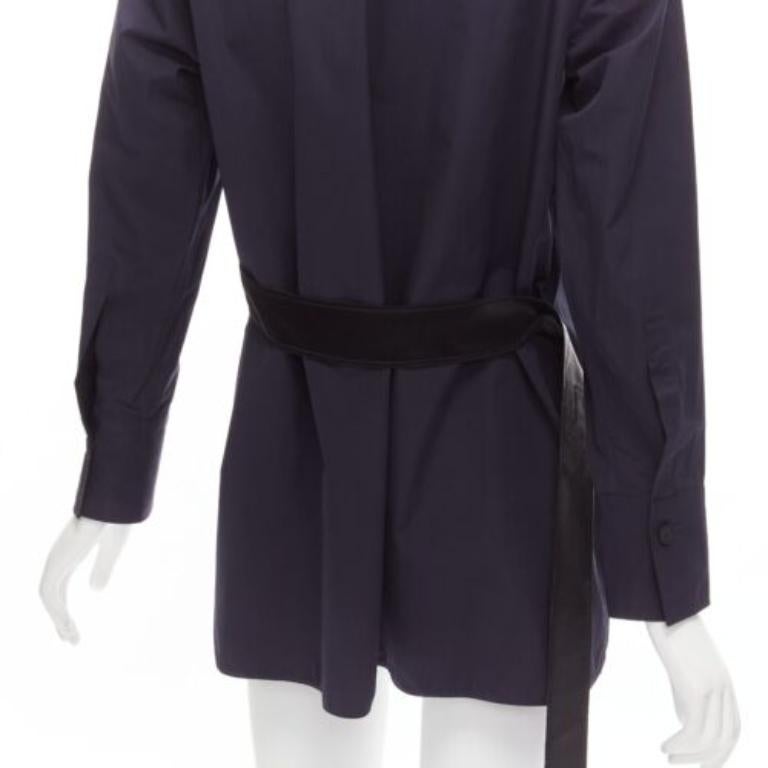 MARNI navy blue cotton rubber button asymmetric belted shirt IT38 XS For Sale 2