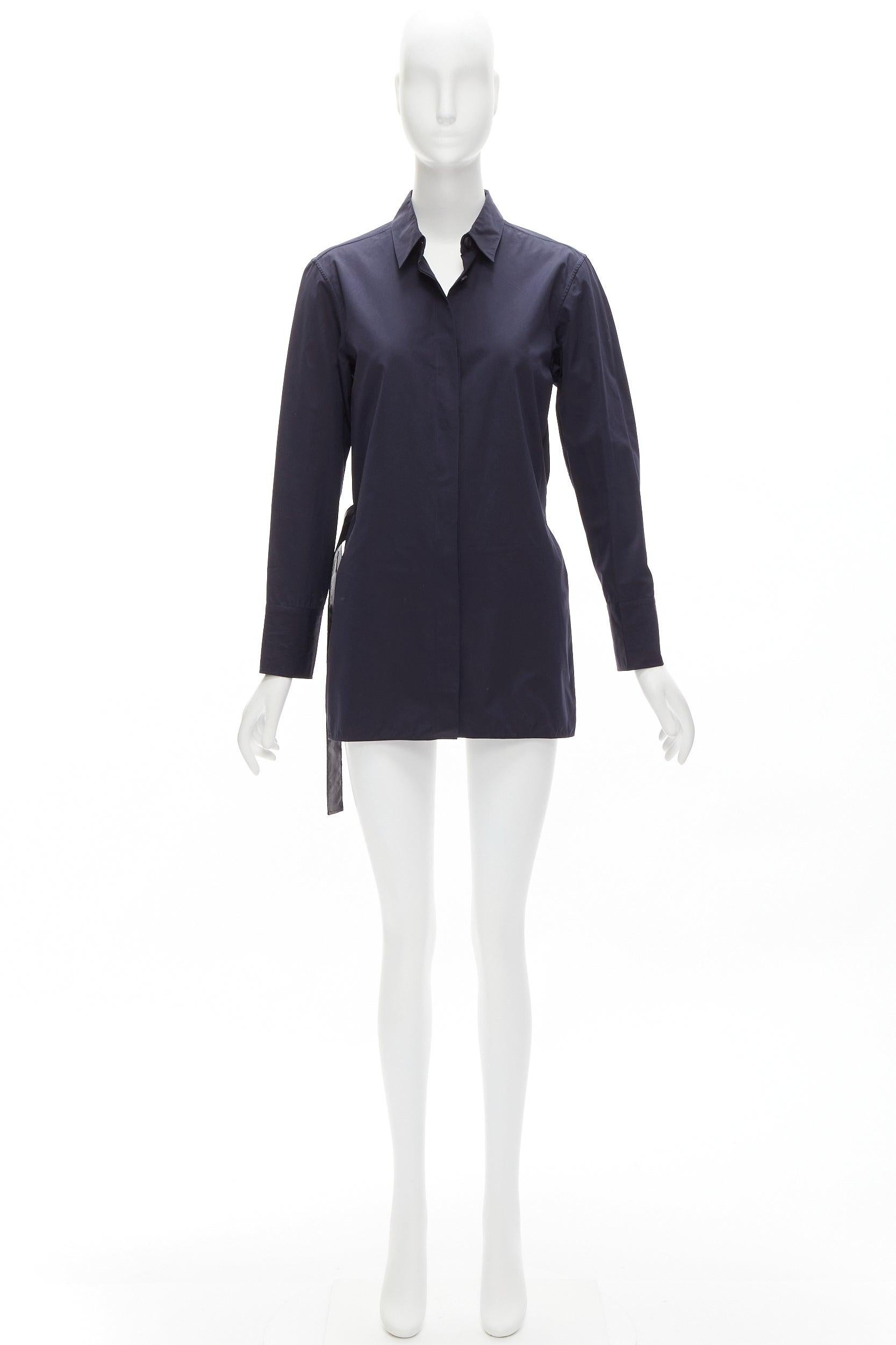 MARNI navy blue cotton rubber button asymmetric belted shirt IT38 XS For Sale 4