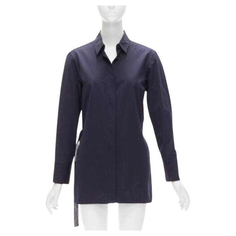 MARNI navy blue cotton rubber button asymmetric belted shirt IT38 XS For Sale