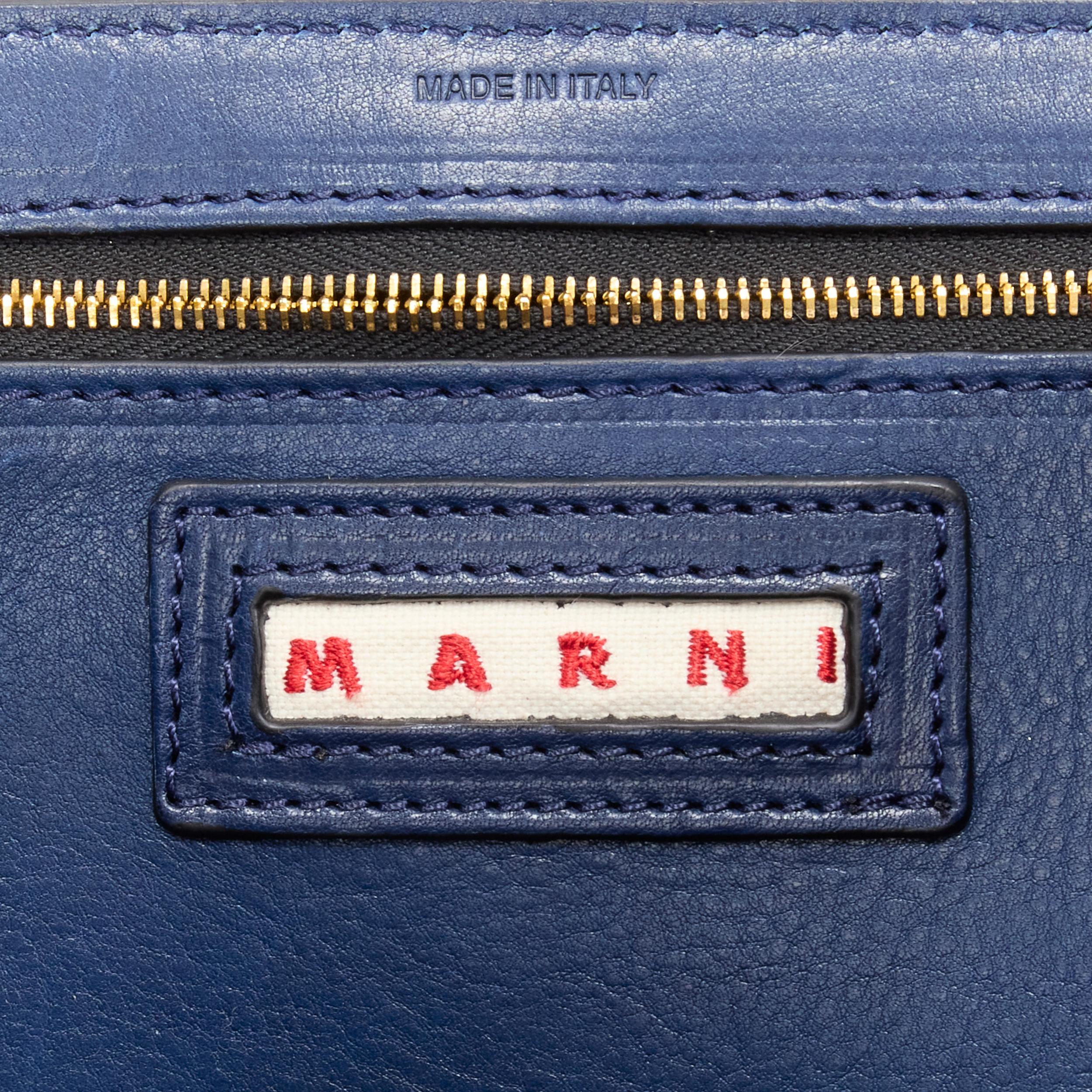 MARNI navy blue grained leather gold black circle push clasp shoulder flap bag 2