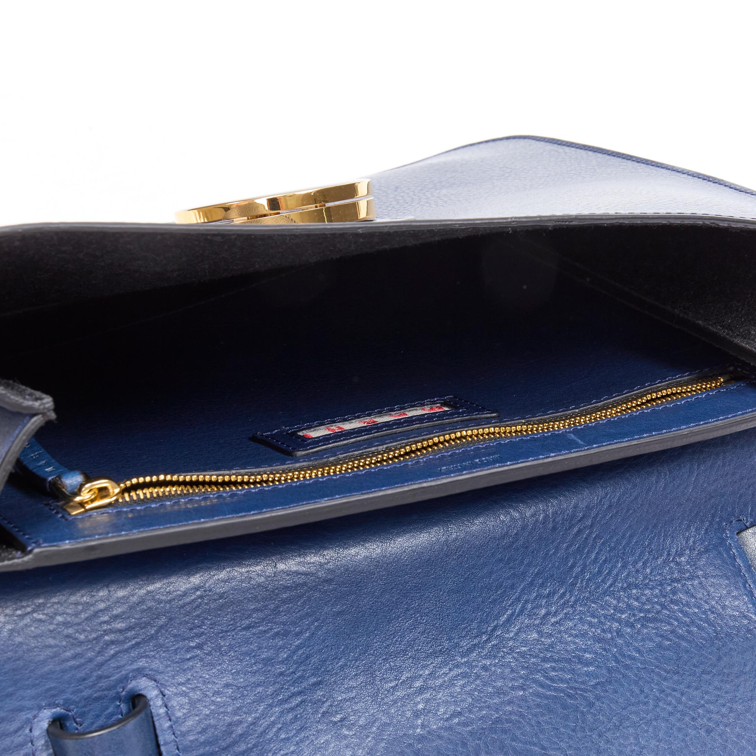 MARNI navy blue grained leather gold black circle push clasp shoulder flap bag 3