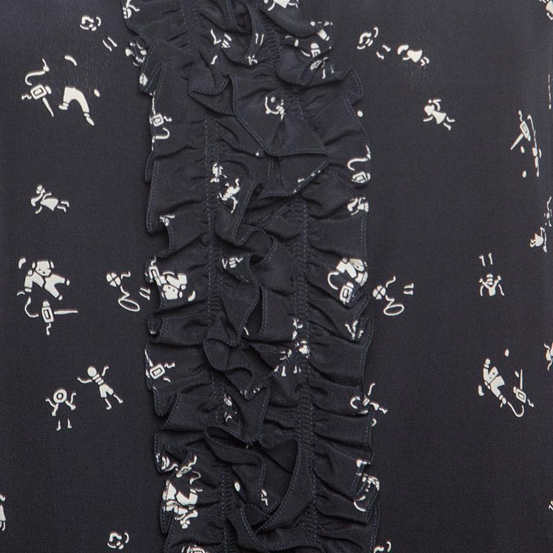 Marni Navy Blue Printed Silk Ruffled Detail Shift Dress M 2