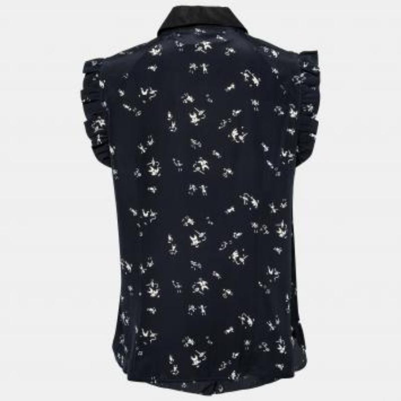 Marni Camisa sin mangas de seda estampada azul marino con detalle de volantes M en venta 5