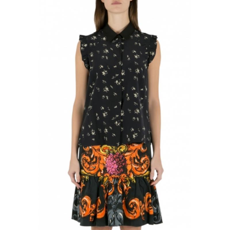Marni Camisa sin mangas de seda estampada azul marino con detalle de volantes M Negro en venta