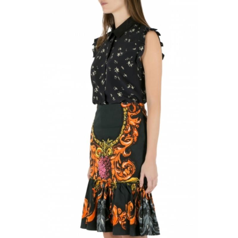 Marni Camisa sin mangas de seda estampada azul marino con detalle de volantes M en venta 1