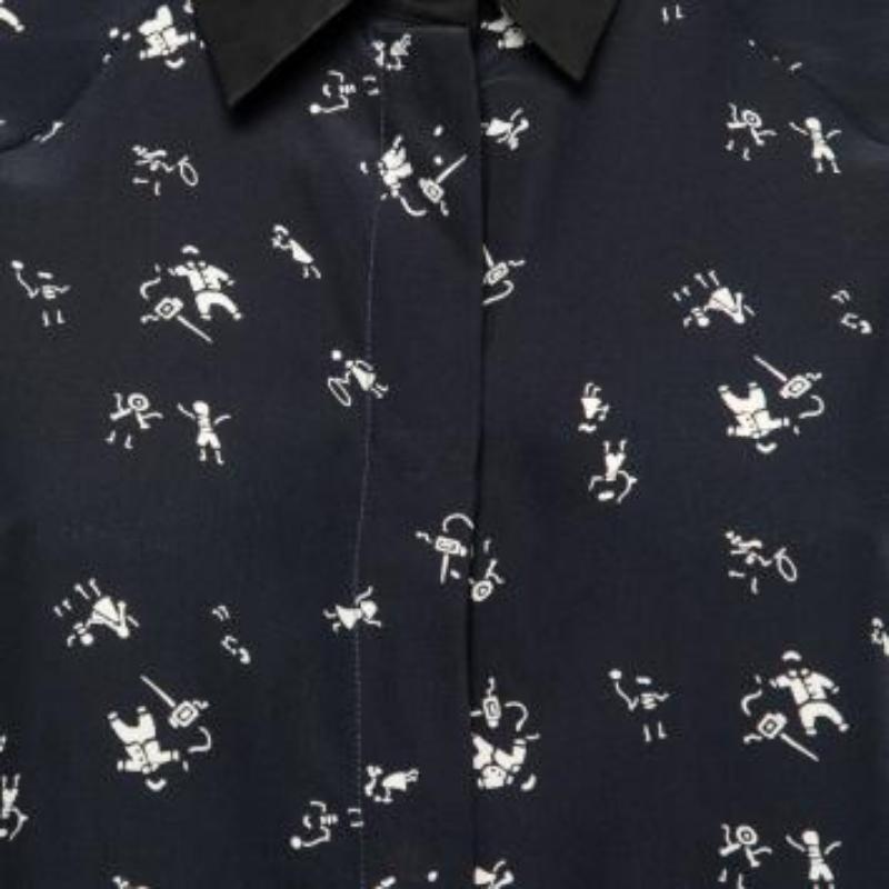 Marni Camisa sin mangas de seda estampada azul marino con detalle de volantes M en venta 4
