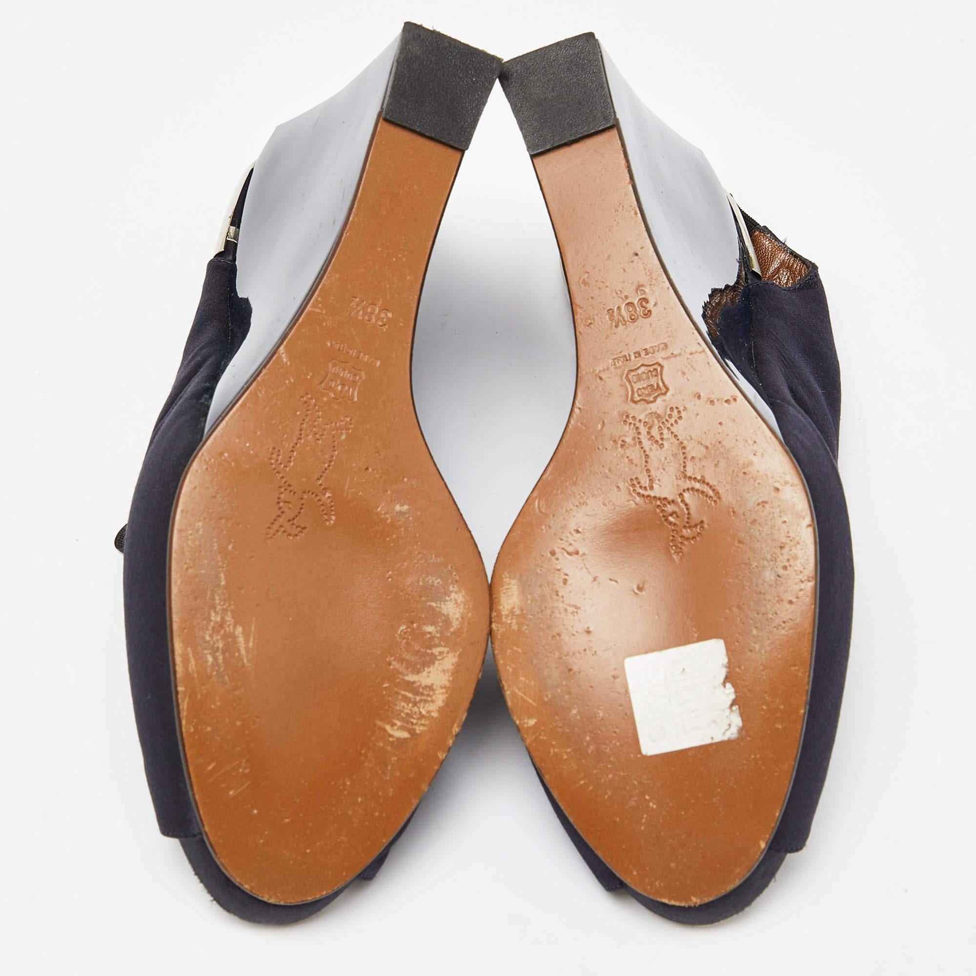 Marni Navy Blue Satin Slingback Wedge Sandals Size 38.5 For Sale 1