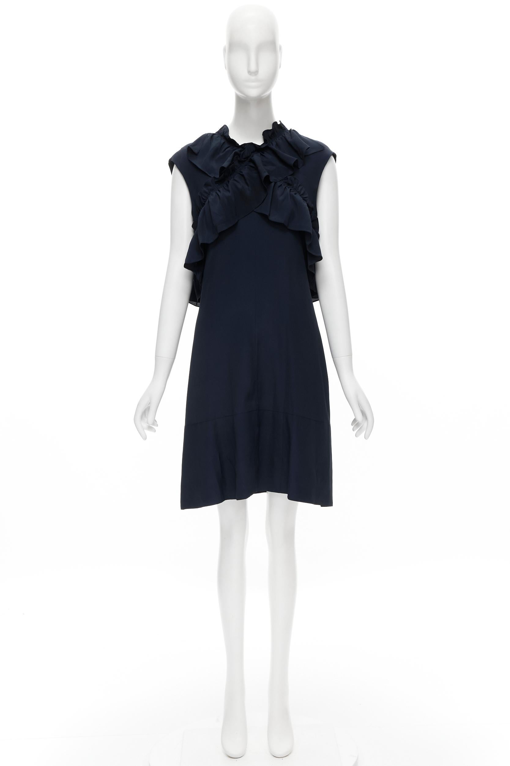 MARNI navy blue silk crepe cross ruffle trim knee lenth dress IT40 S For Sale 6