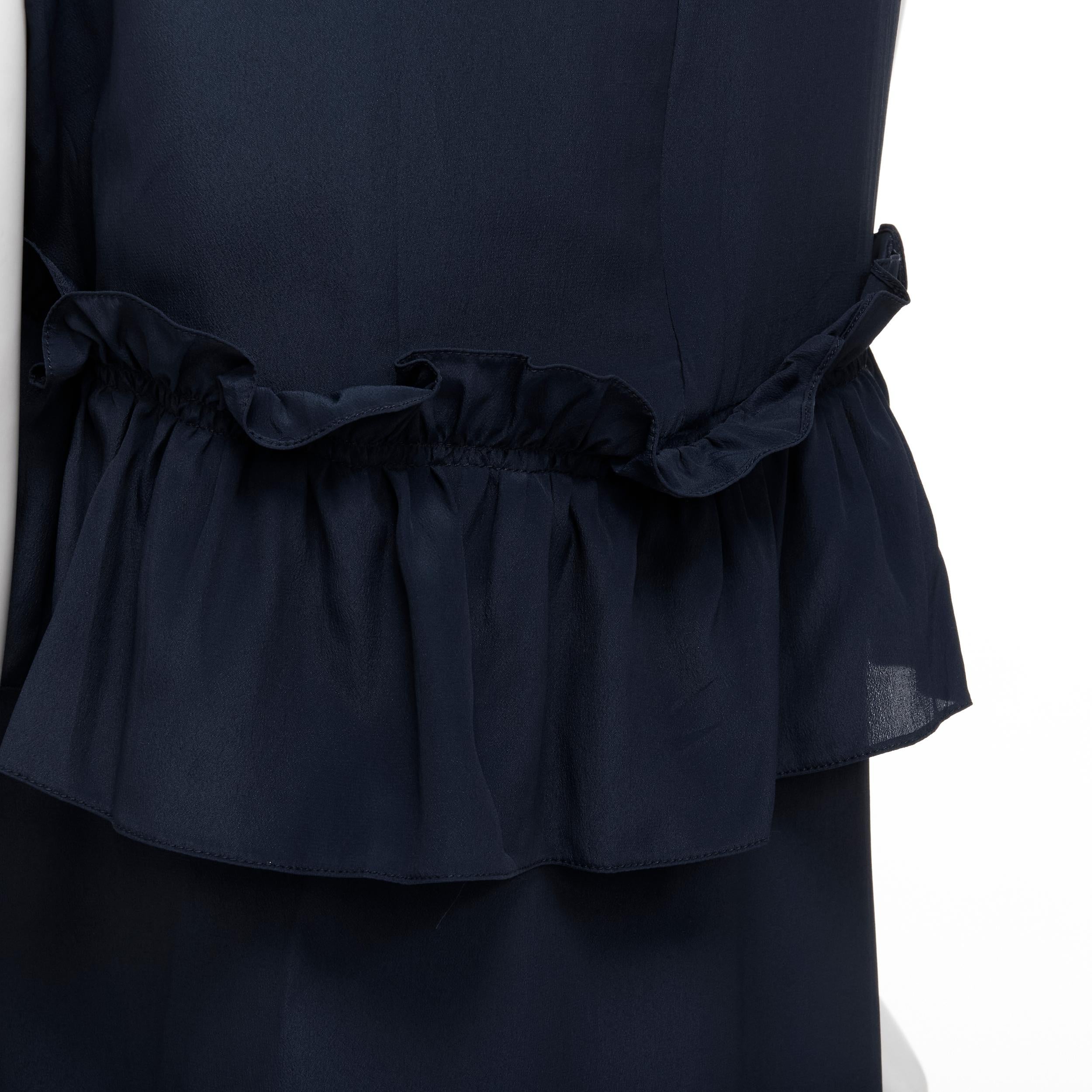 MARNI navy blue silk crepe cross ruffle trim knee lenth dress IT40 S 
Reference: CELG/A00190 
Brand: Marni 
Material: Silk 
Color: Navy 
Pattern: Solid 
Closure: Zip Extra Detail: Ruffle frill detailing. Dipped back. 
Made in: Italy 

CONDITION: