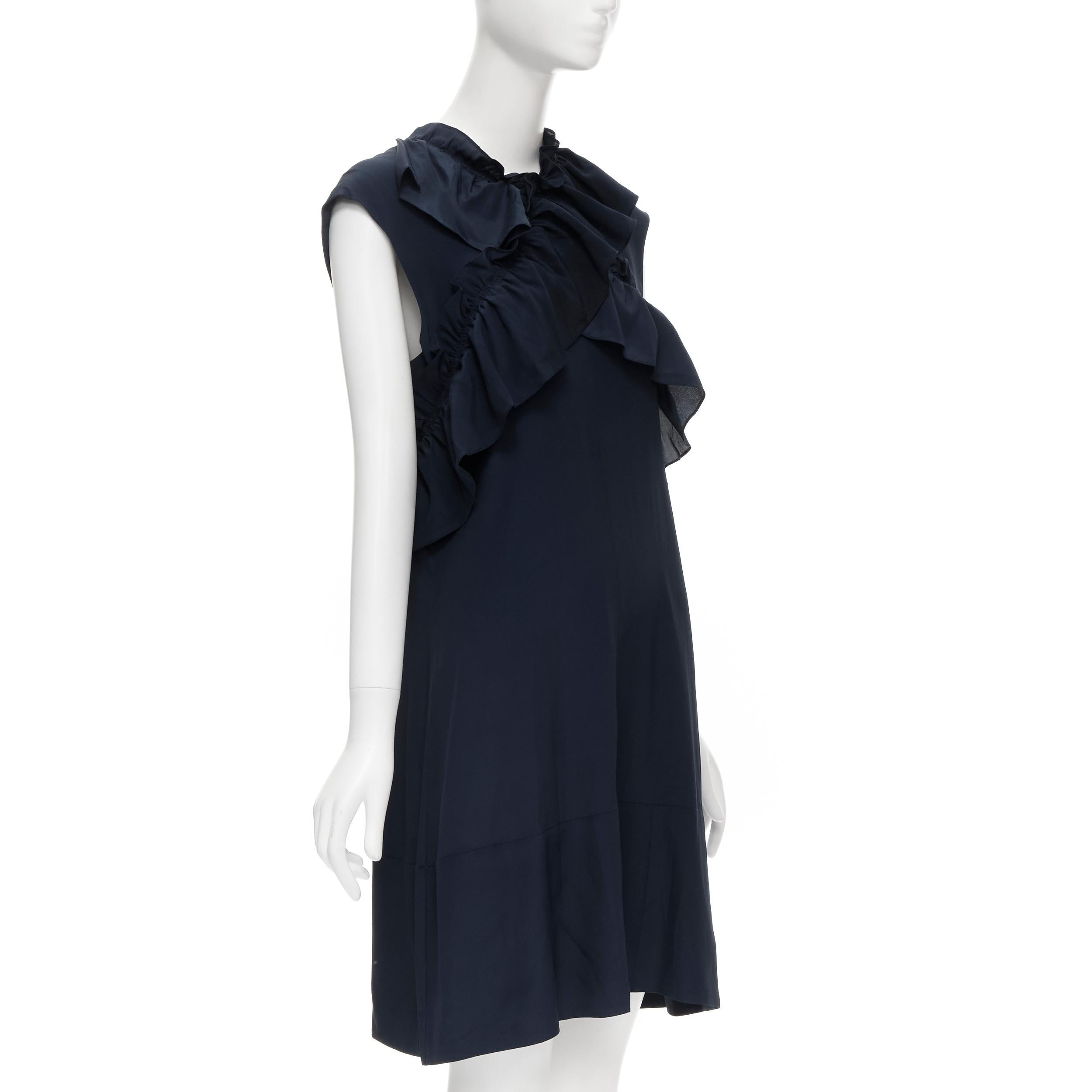 Black MARNI navy blue silk crepe cross ruffle trim knee lenth dress IT40 S For Sale