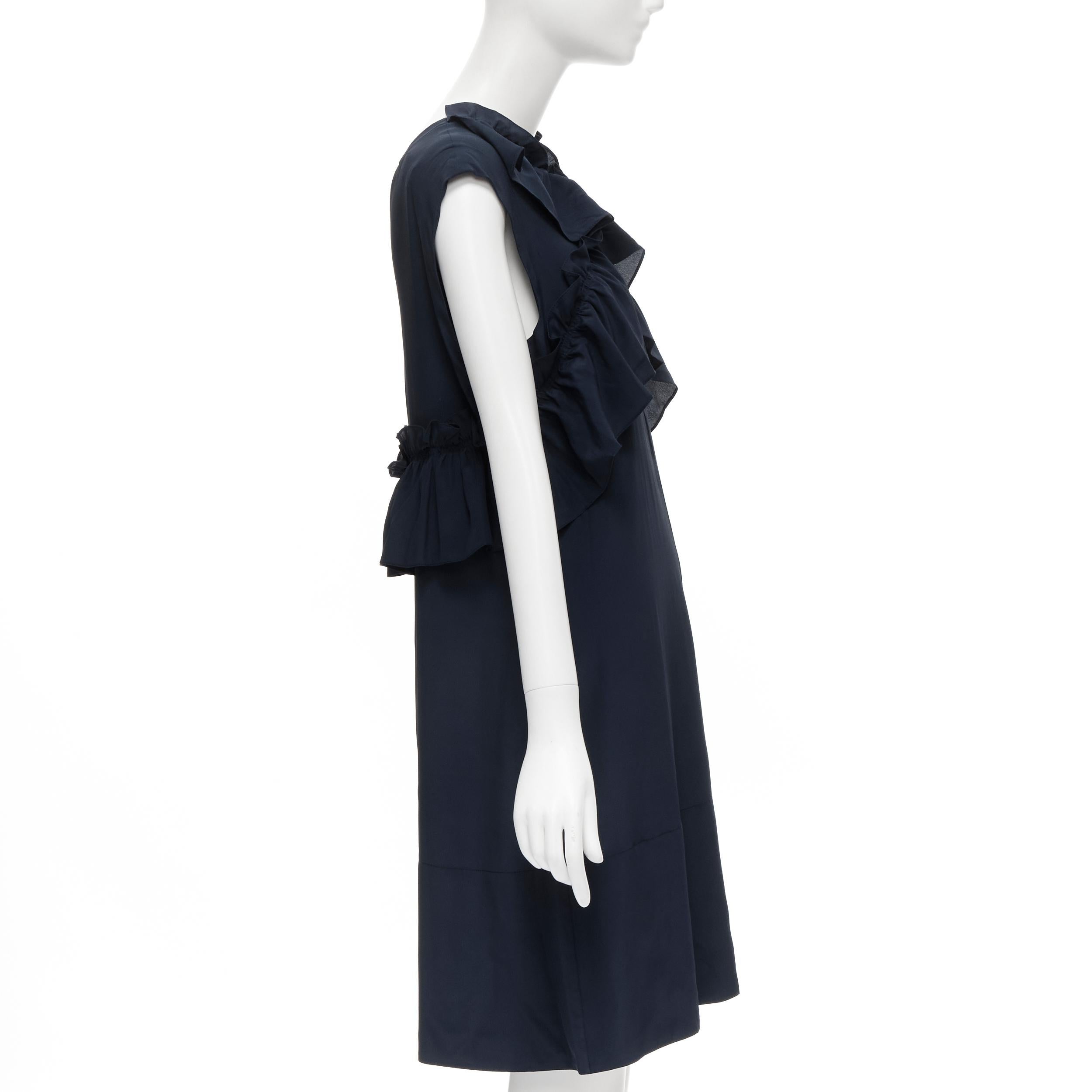 MARNI navy blue silk crepe cross ruffle trim knee lenth dress IT40 S In Excellent Condition For Sale In Hong Kong, NT