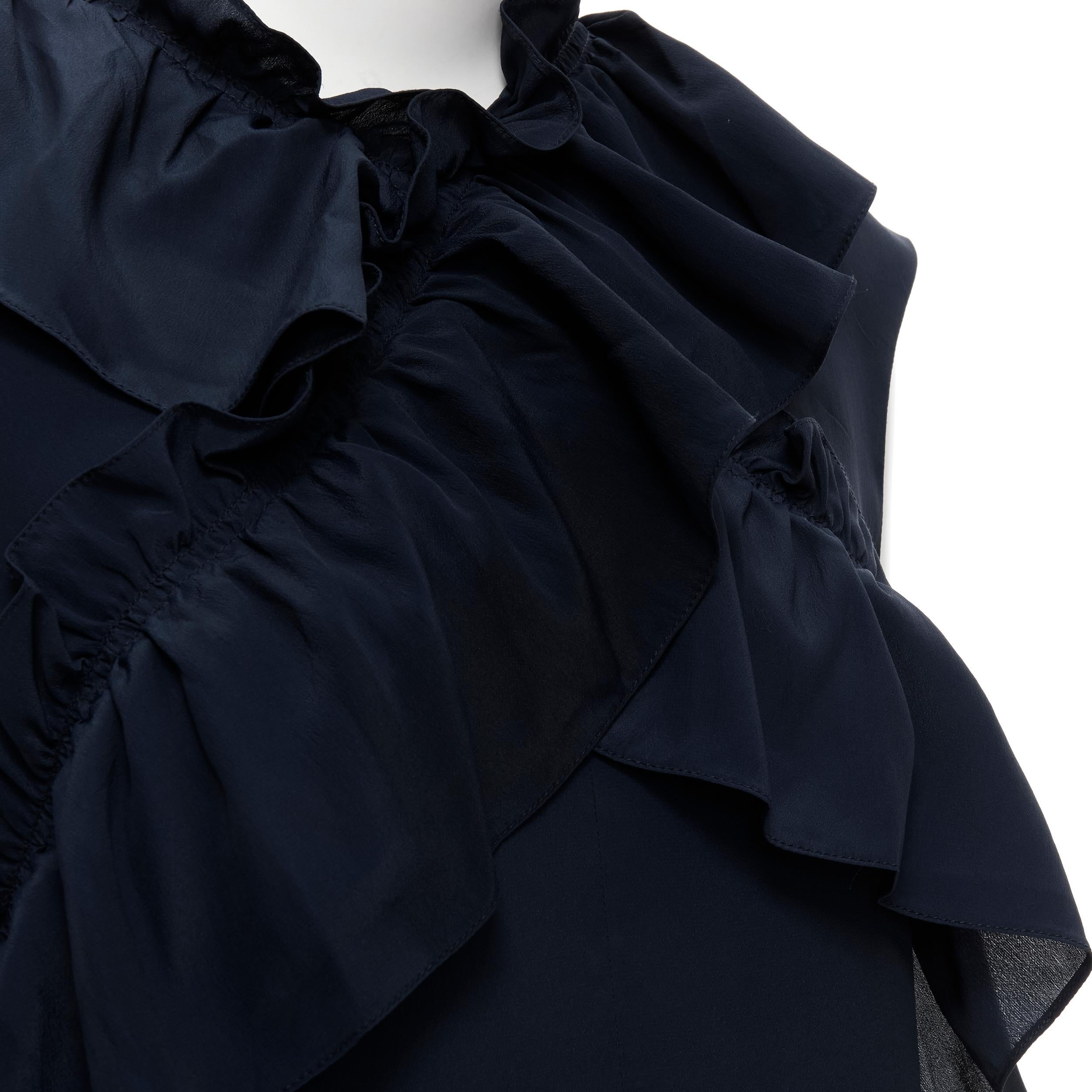 MARNI navy blue silk crepe cross ruffle trim knee lenth dress IT40 S For Sale 3