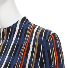 MARNI navy blue stripe print silk wide cuff collarless blouse top IT40 S