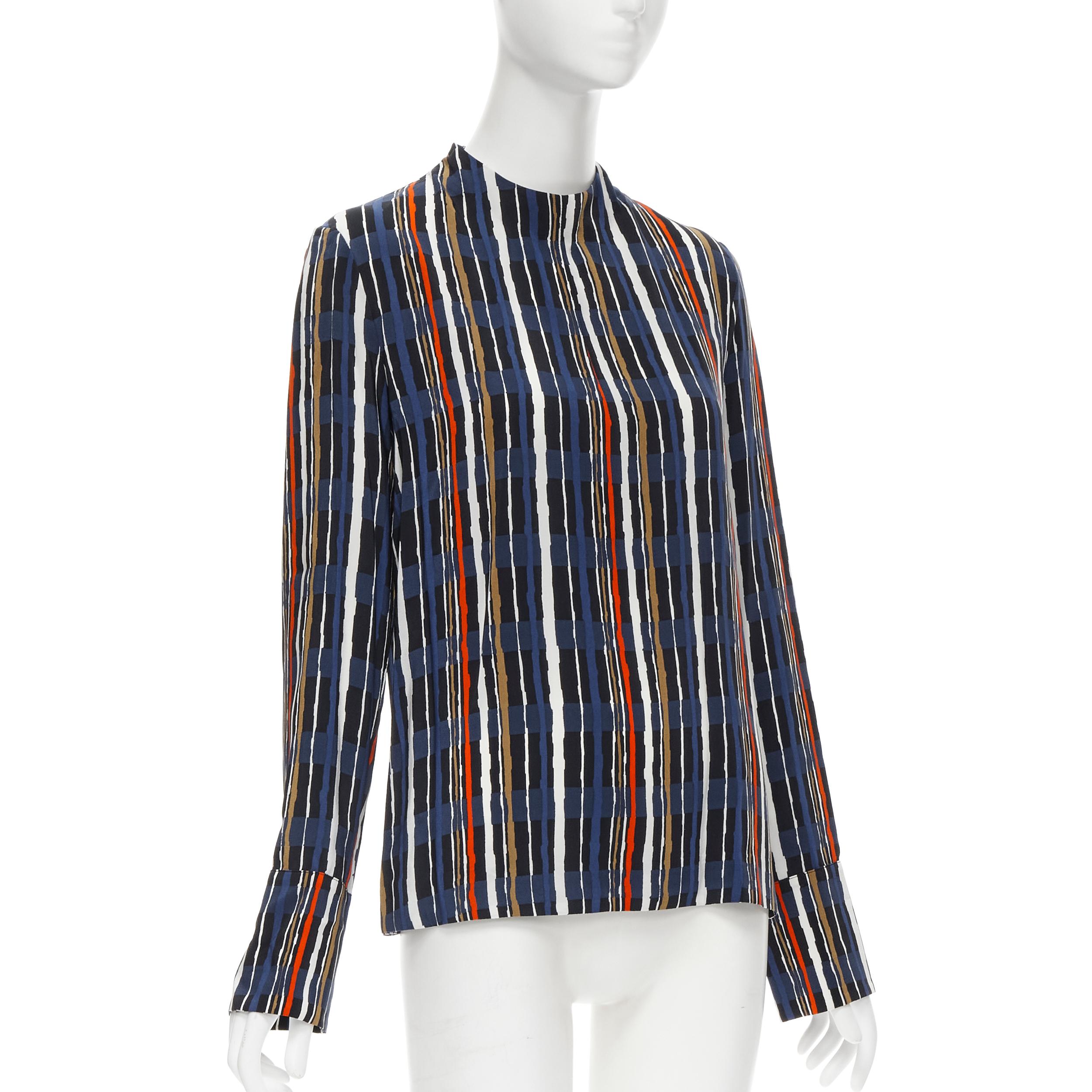Black MARNI navy blue stripe print silk wide cuff collarless blouse top IT40 S For Sale