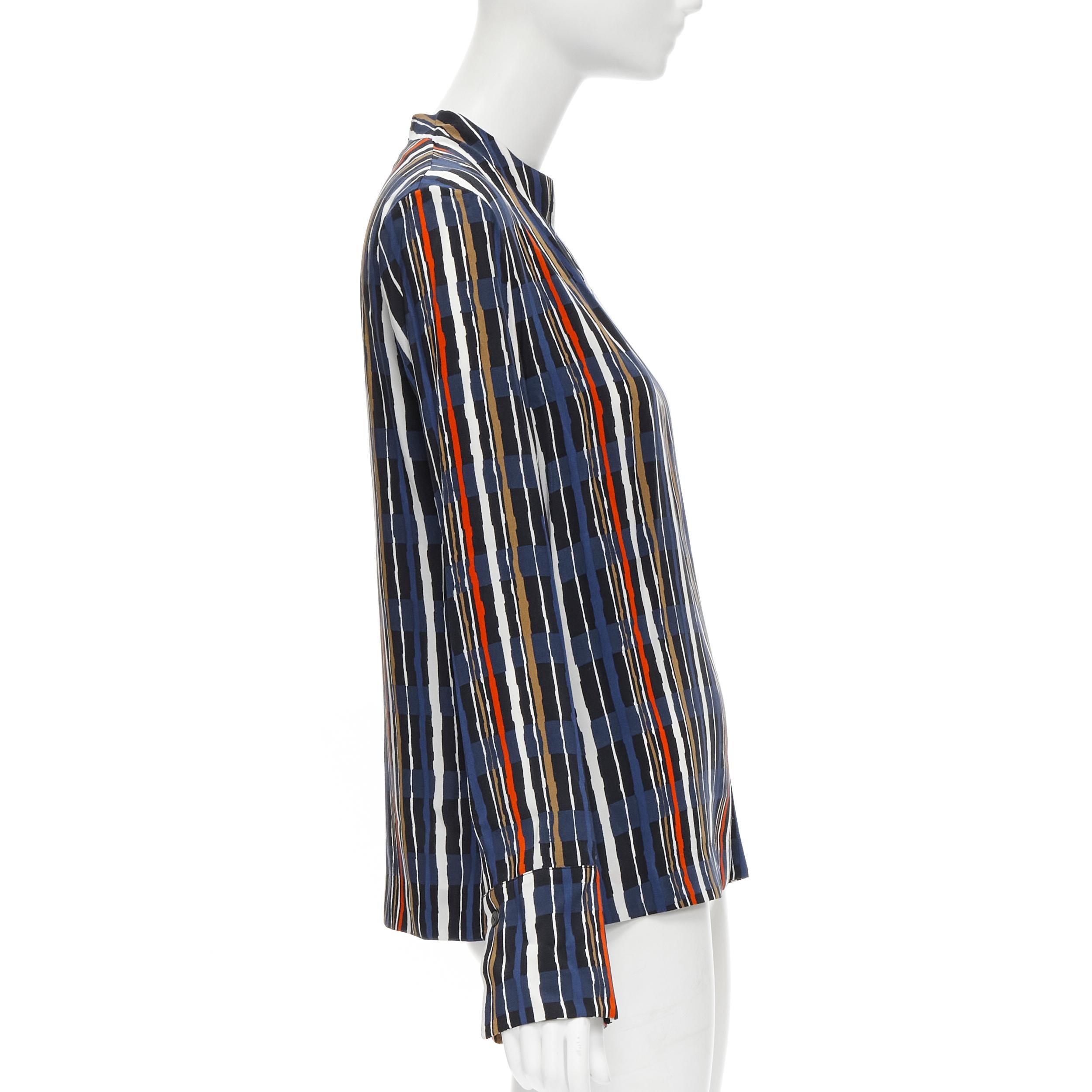 MARNI navy blue stripe print silk wide cuff collarless blouse top IT40 S In Excellent Condition For Sale In Hong Kong, NT