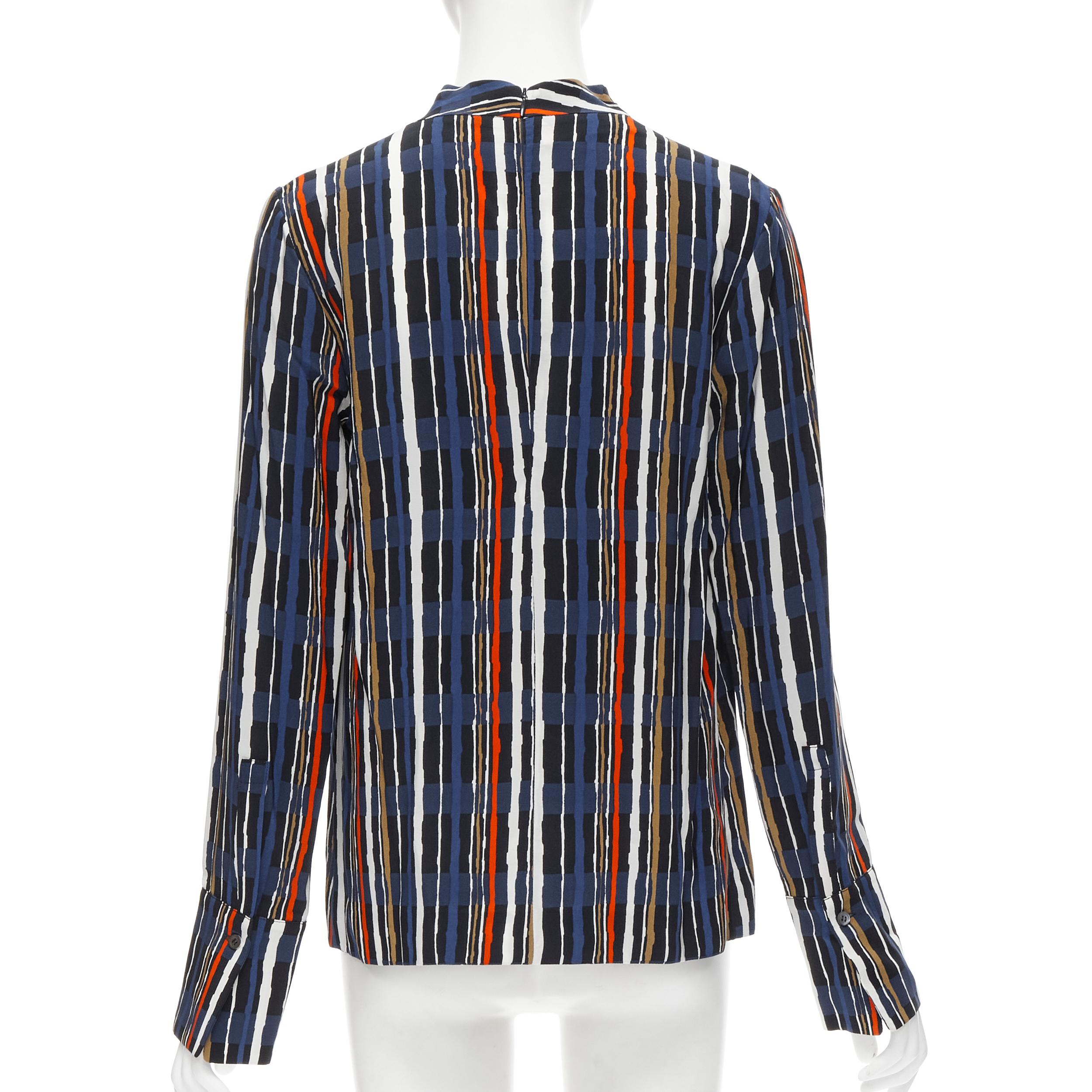 Women's MARNI navy blue stripe print silk wide cuff collarless blouse top IT40 S For Sale