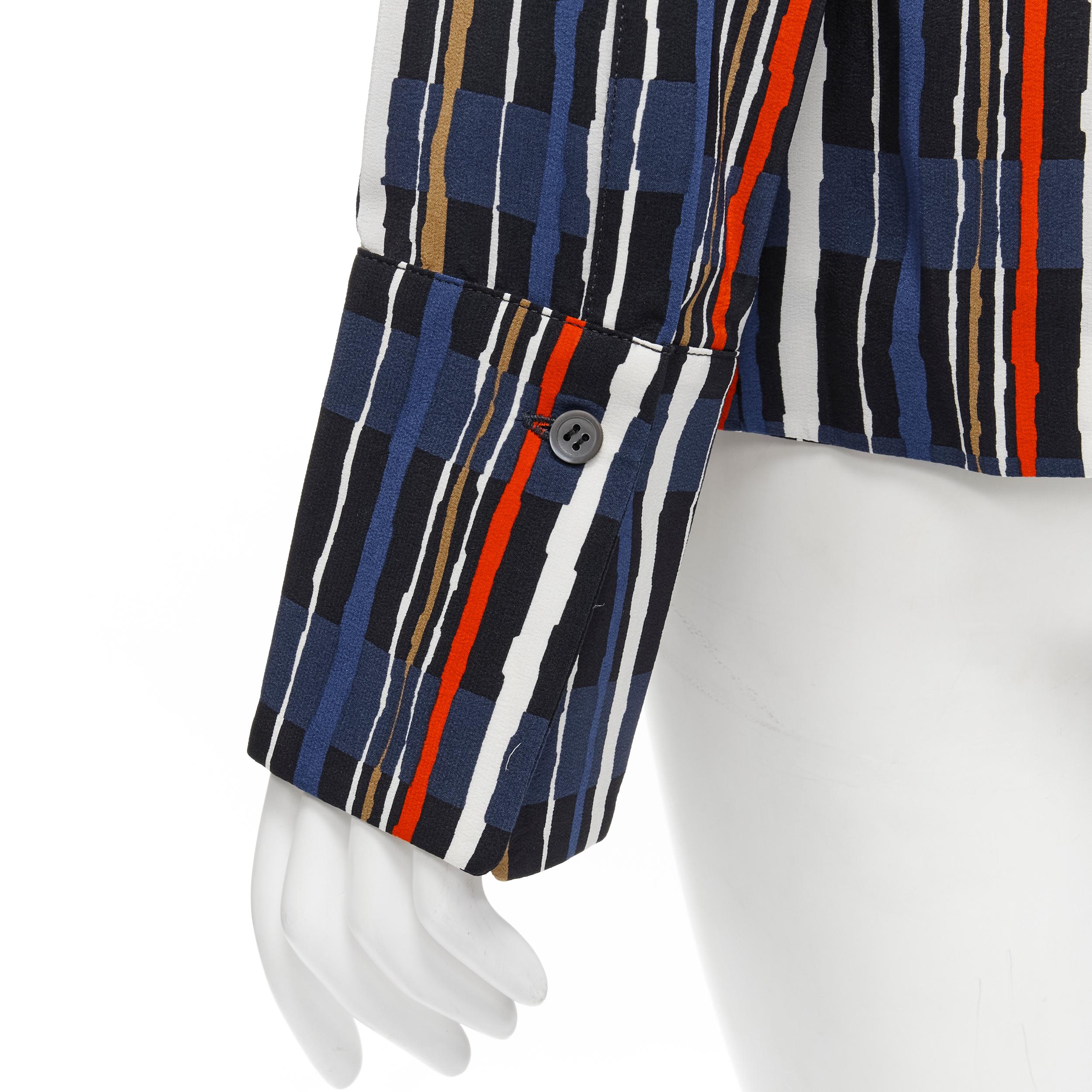 MARNI navy blue stripe print silk wide cuff collarless blouse top IT40 S For Sale 4