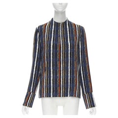 MARNI navy blue stripe print silk wide cuff collarless blouse top IT40 S