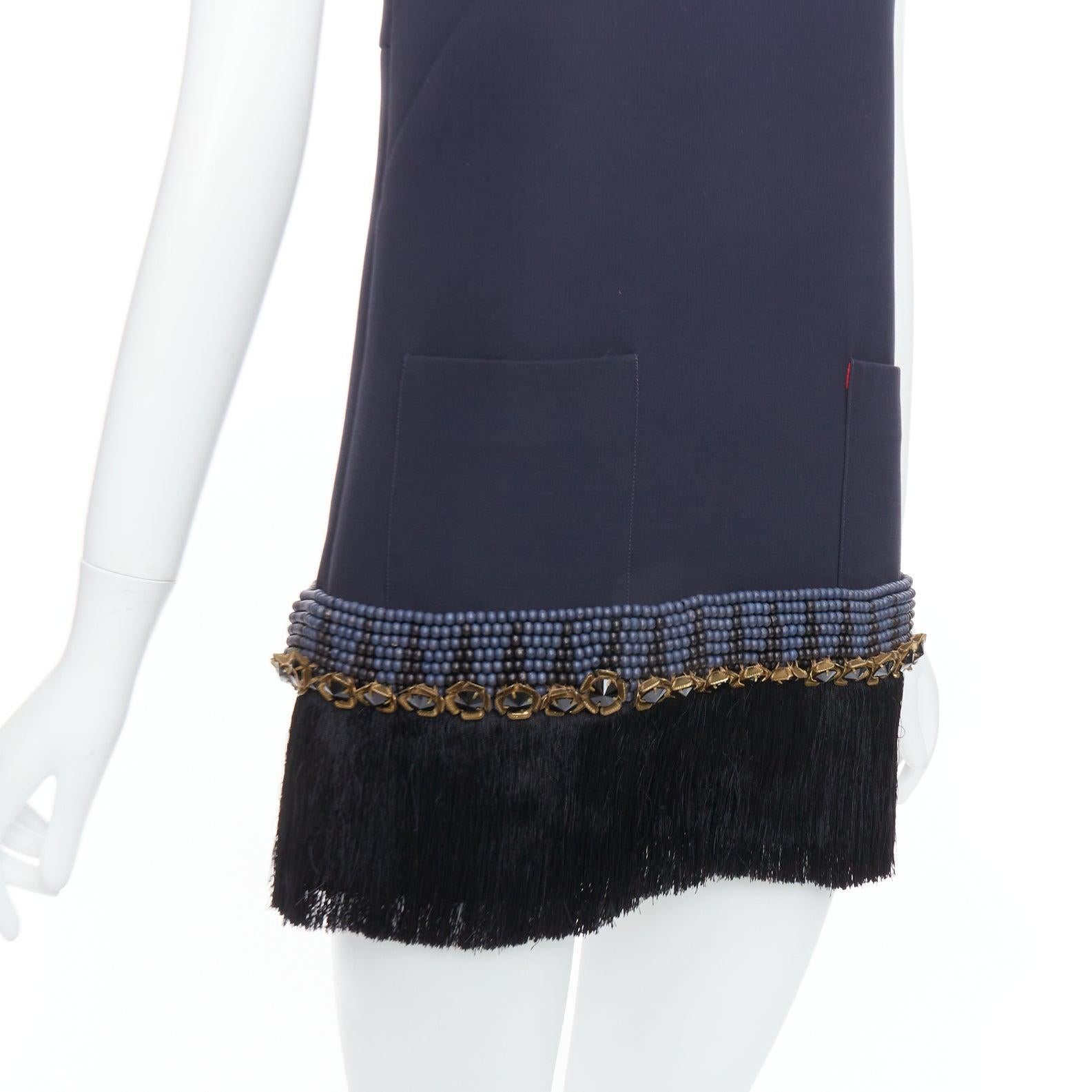 MARNI navy copper fringe bead embellished hem tunic dress IT38 XS
Reference: MECG/A00009
Brand: Marni
Material: Fabric
Color: Navy, Black
Pattern: Solid
Closure: Zip
Lining: Navy Fabric
Extra Details: Back zip.
Made in: Italy

CONDITION:
Condition: