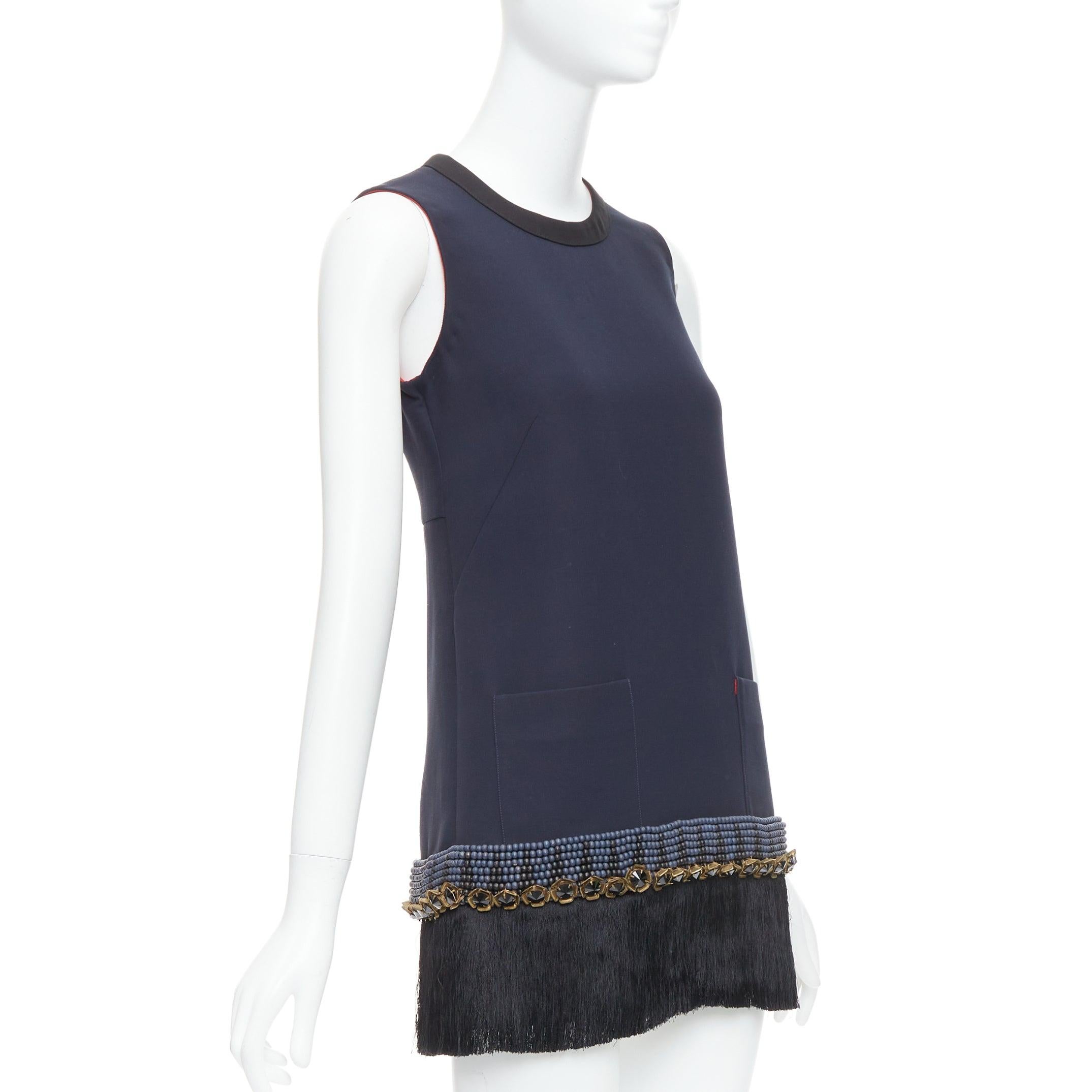 Black MARNI navy copper fringe bead embellished hem tunic dress IT38 XS For Sale