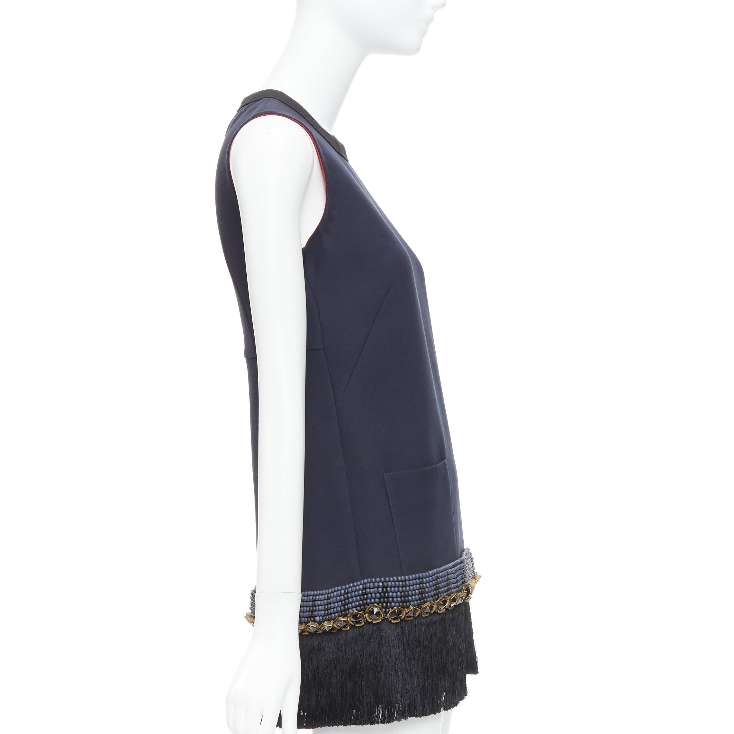 MARNI navy copper fringe bead embellished hem tunic dress IT38 XS In Good Condition For Sale In Hong Kong, NT