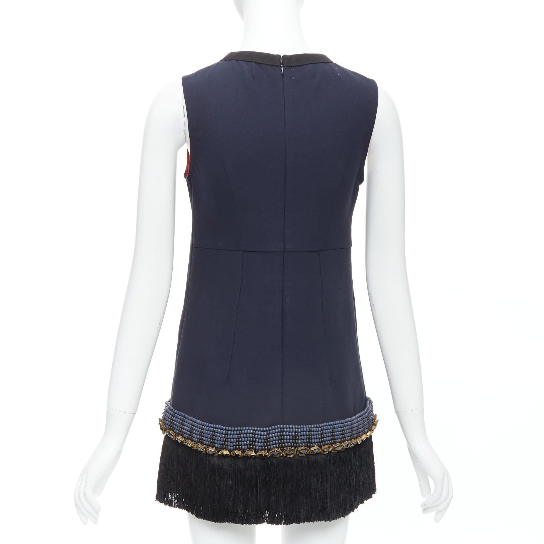 Women's MARNI navy copper fringe bead embellished hem tunic dress IT38 XS For Sale