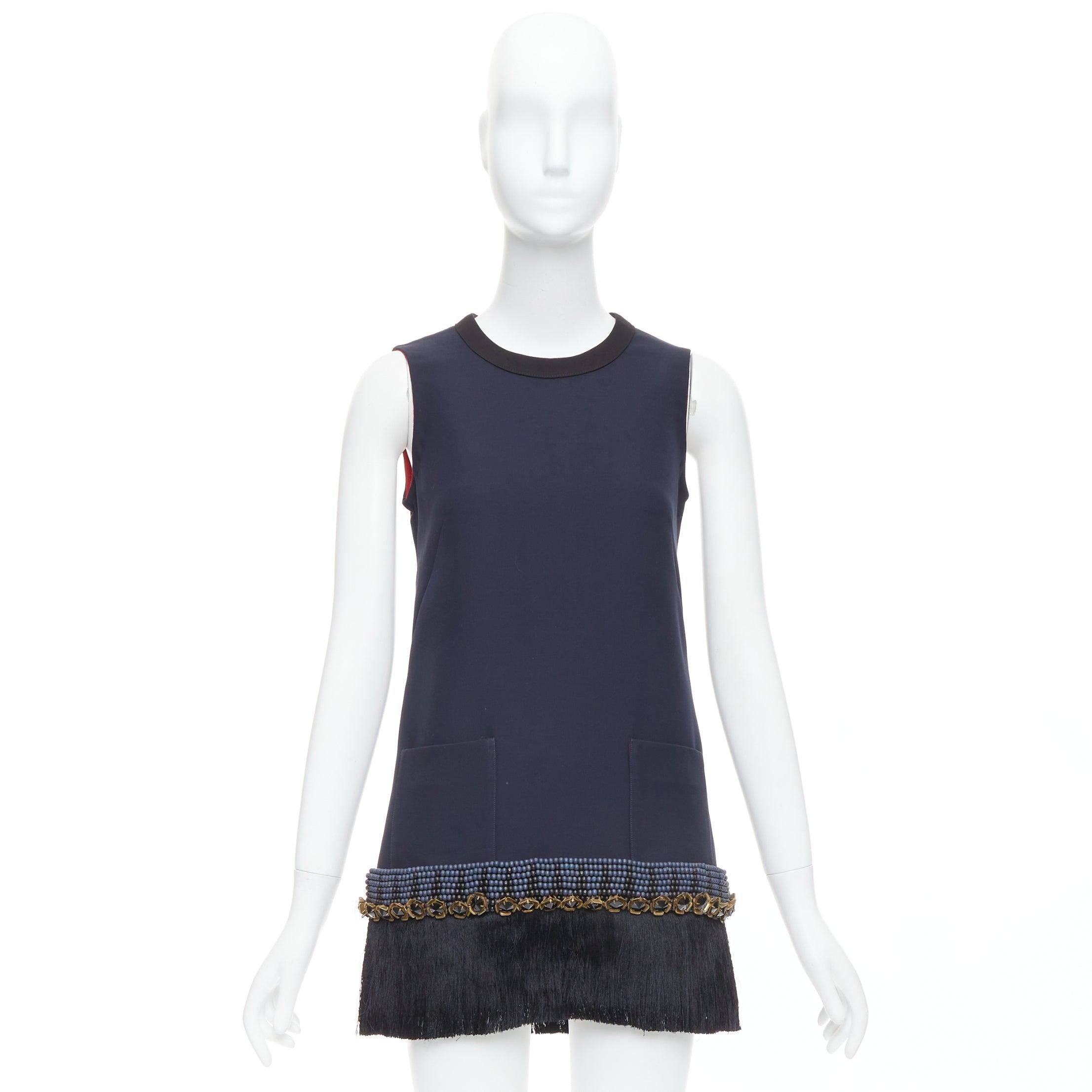 MARNI navy copper fringe bead embellished hem tunic dress IT38 XS For Sale 4