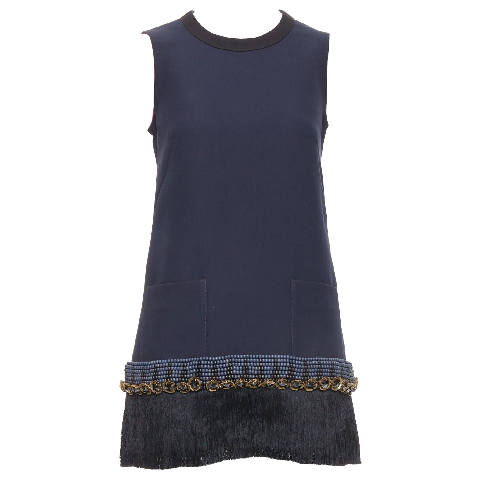 MARNI vestido túnica con dobladillo adornado con flecos de cobre azul marino IT38 XS en venta