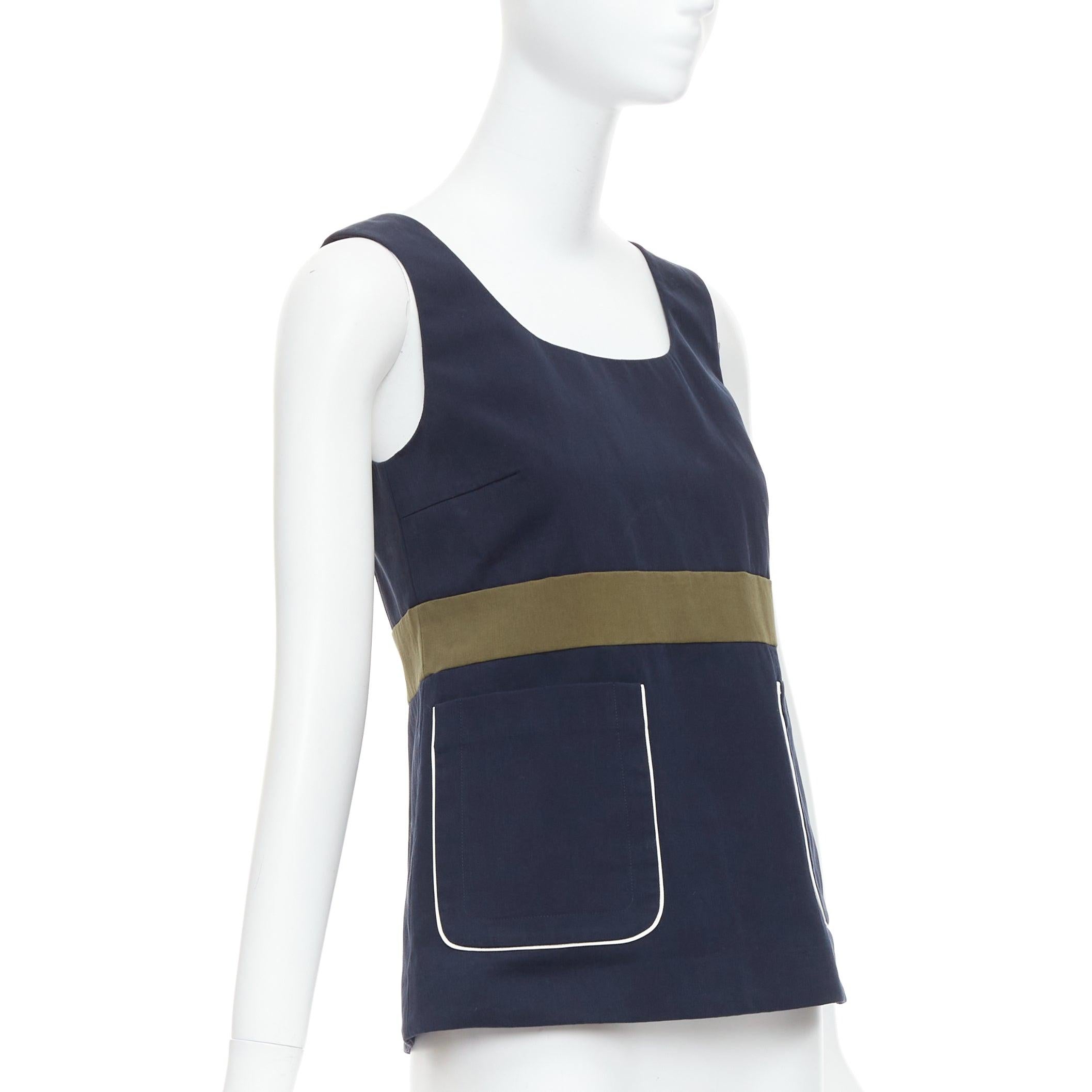 Beige MARNI navy khaki cotton white trim dual pocket cropped top IT38 XS For Sale