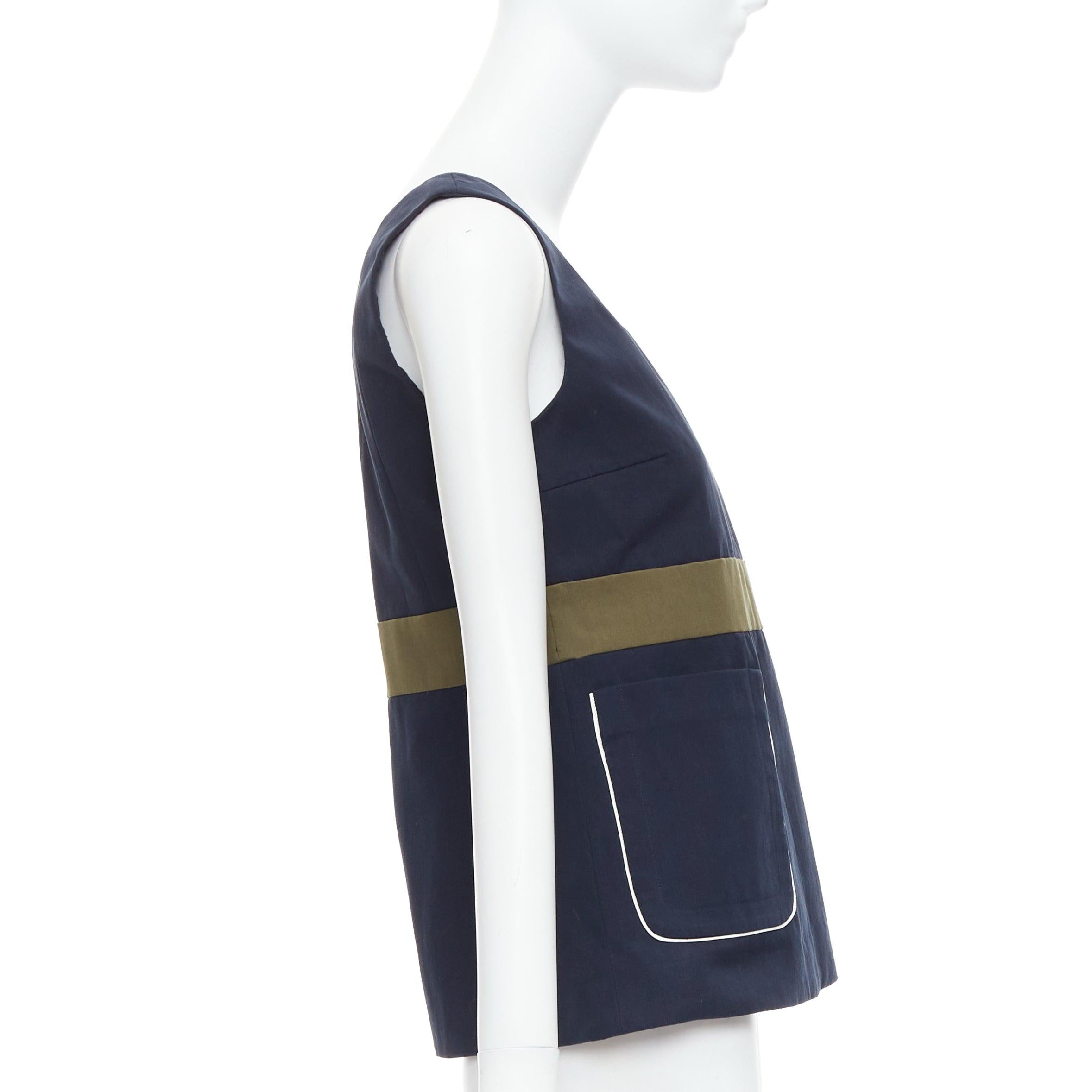 MARNI navy khaki cotton white trim dual pocket cropped top IT38 XS In Good Condition For Sale In Hong Kong, NT